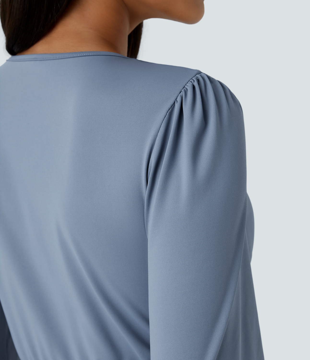 Halara V Neck Long Sleeve Plicated Tulip Hem Midi Party Dress Casual Dress - Rain Washed - XS slip dress beach dress ruched dress 