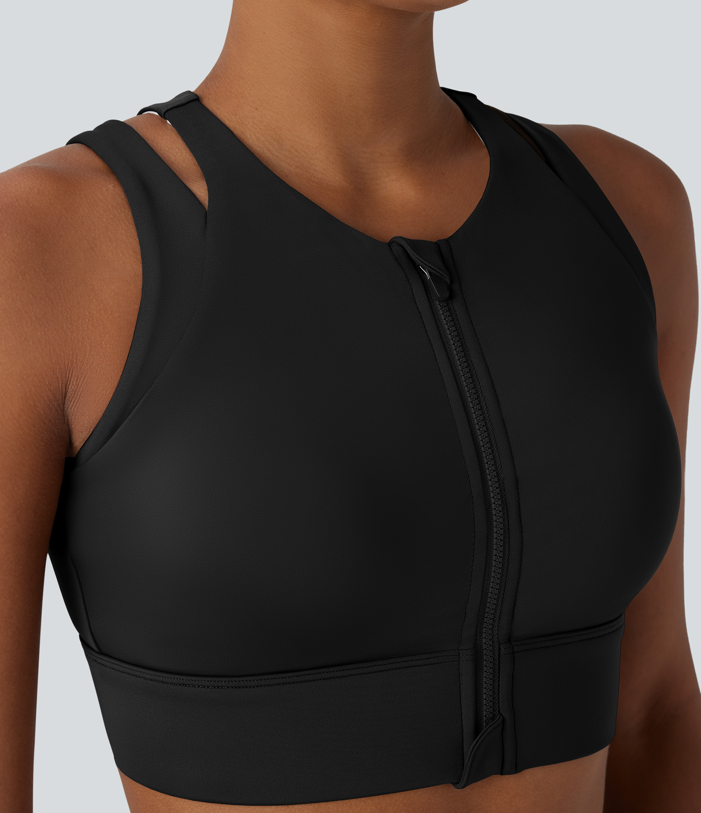 Halara Low Support Cut Out Zipper Sheen Dance Sports Bra  - Black - XS push up bra strapless bra backless bra sticky bra wireless bra 