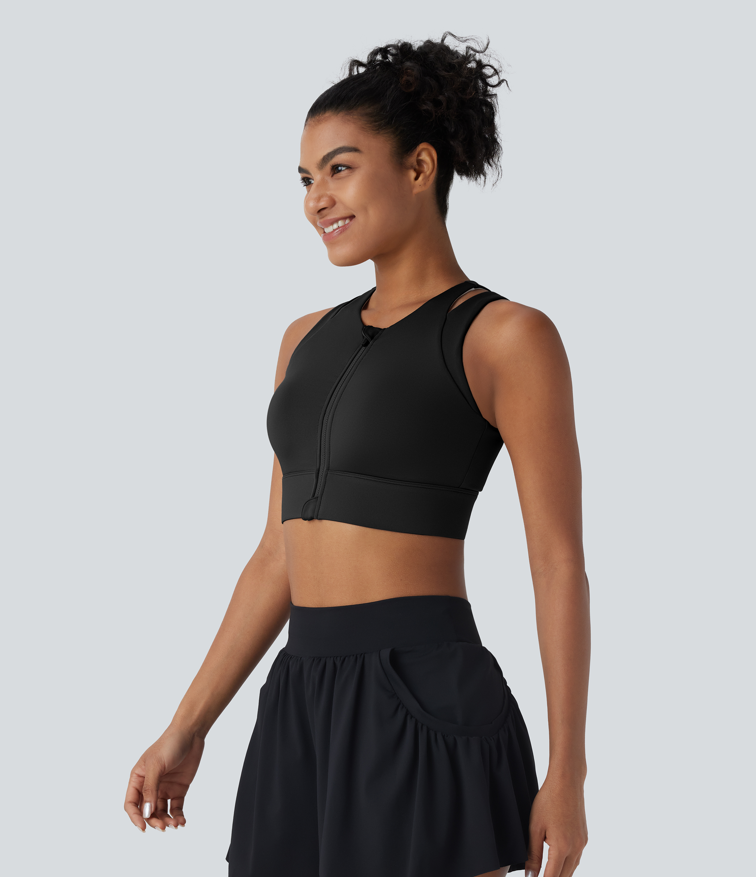 Halara Low Support Cut Out Zipper Sheen Dance Sports Bra  - Black - XS push up bra strapless bra backless bra sticky bra wireless bra 