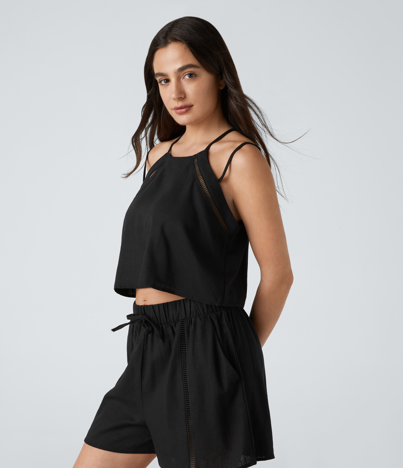 Halara Double Straps Solid Casual Linen-Blend Cami Top Tank Top - Black - S golf tops halter top tunic tops sleeveless tops backless top 