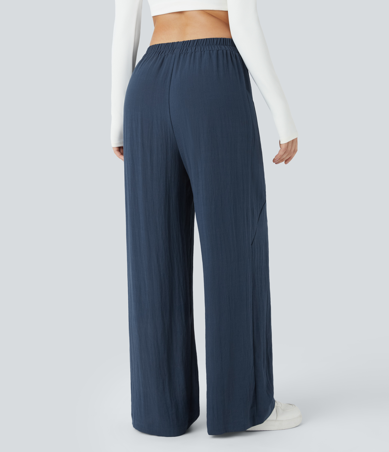 Halara High Waisted Side Pocket Wide Leg Casual Linen-Feel Pants  - Deep Secluded Blue - L(regular) 