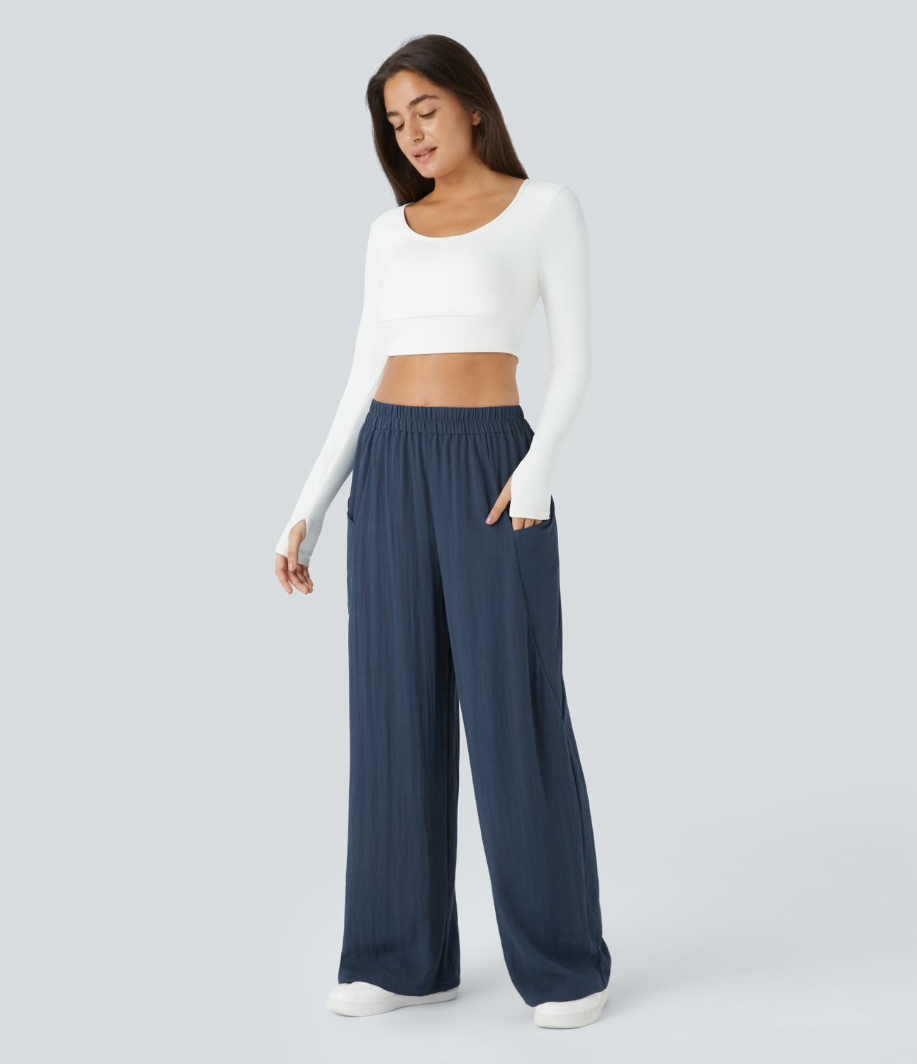 Halara High Waisted Side Pocket Wide Leg Casual Linen-Feel Pants  - Deep Secluded Blue - L(regular) 