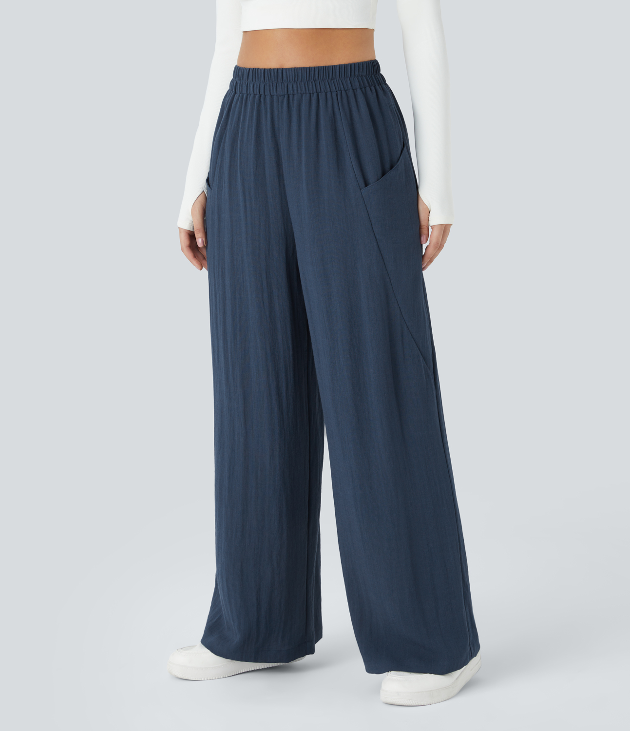 Halara High Waisted Side Pocket Wide Leg Casual Linen-Feel Pants  - Deep Secluded Blue - L(regular) 