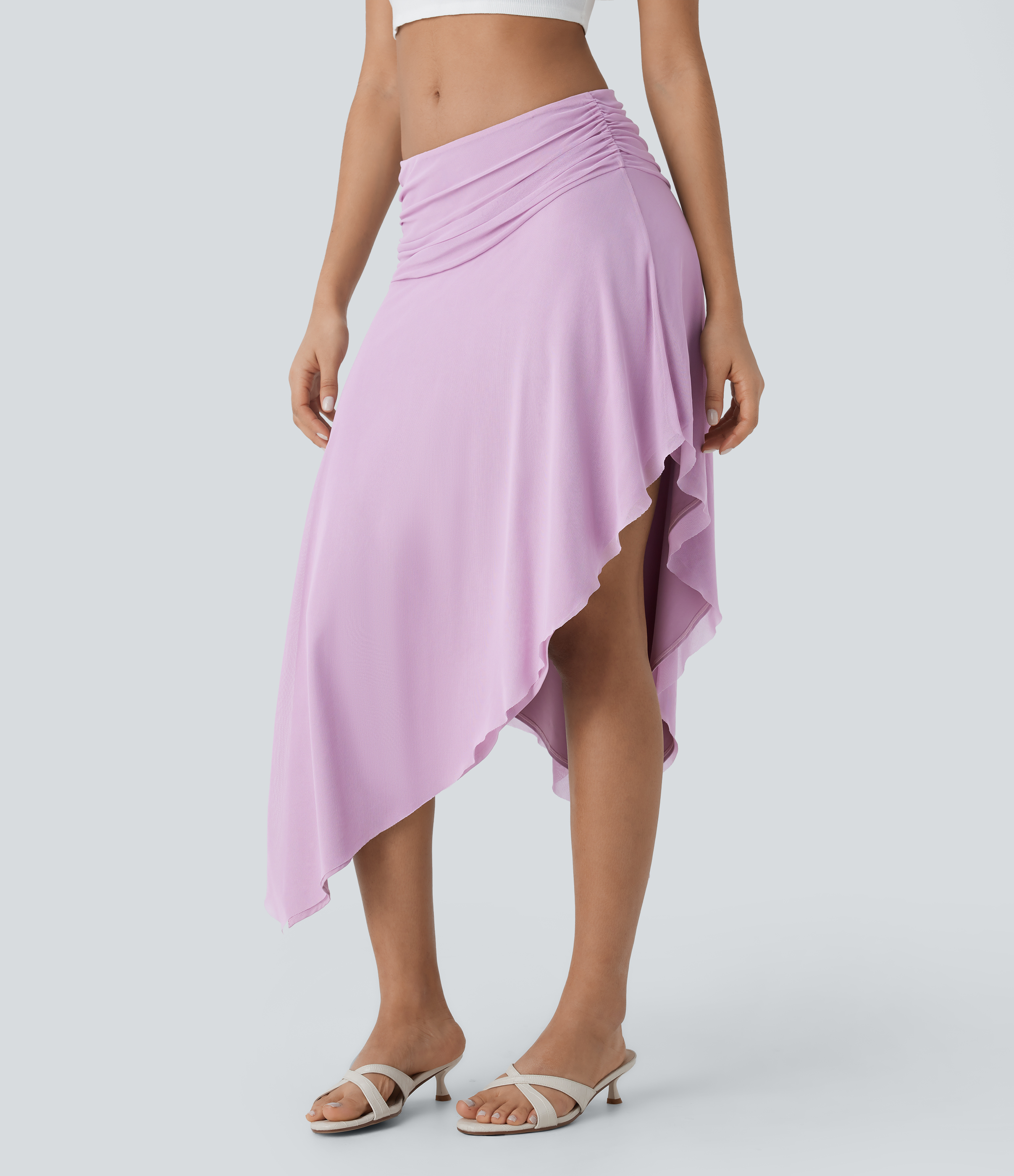 Halara Low Rise Ruched Asymmetric Hem Mesh Overlay Flowy Midi Resort Skirt  - Zephyr - XL(regular) 