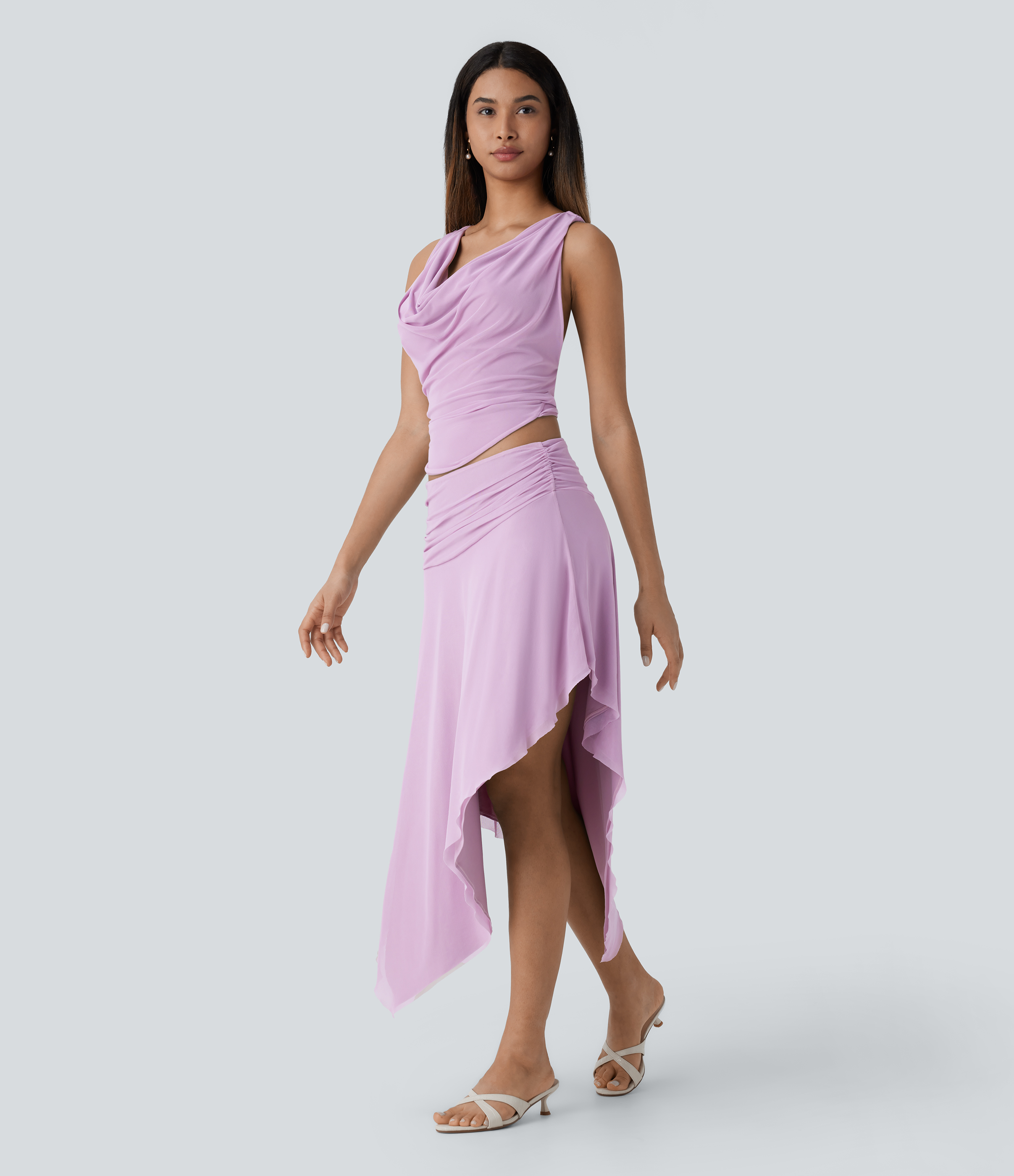 Halara Low Rise Ruched Asymmetric Hem Mesh Overlay Flowy Midi Resort Skirt  - Zephyr - XL(regular) 