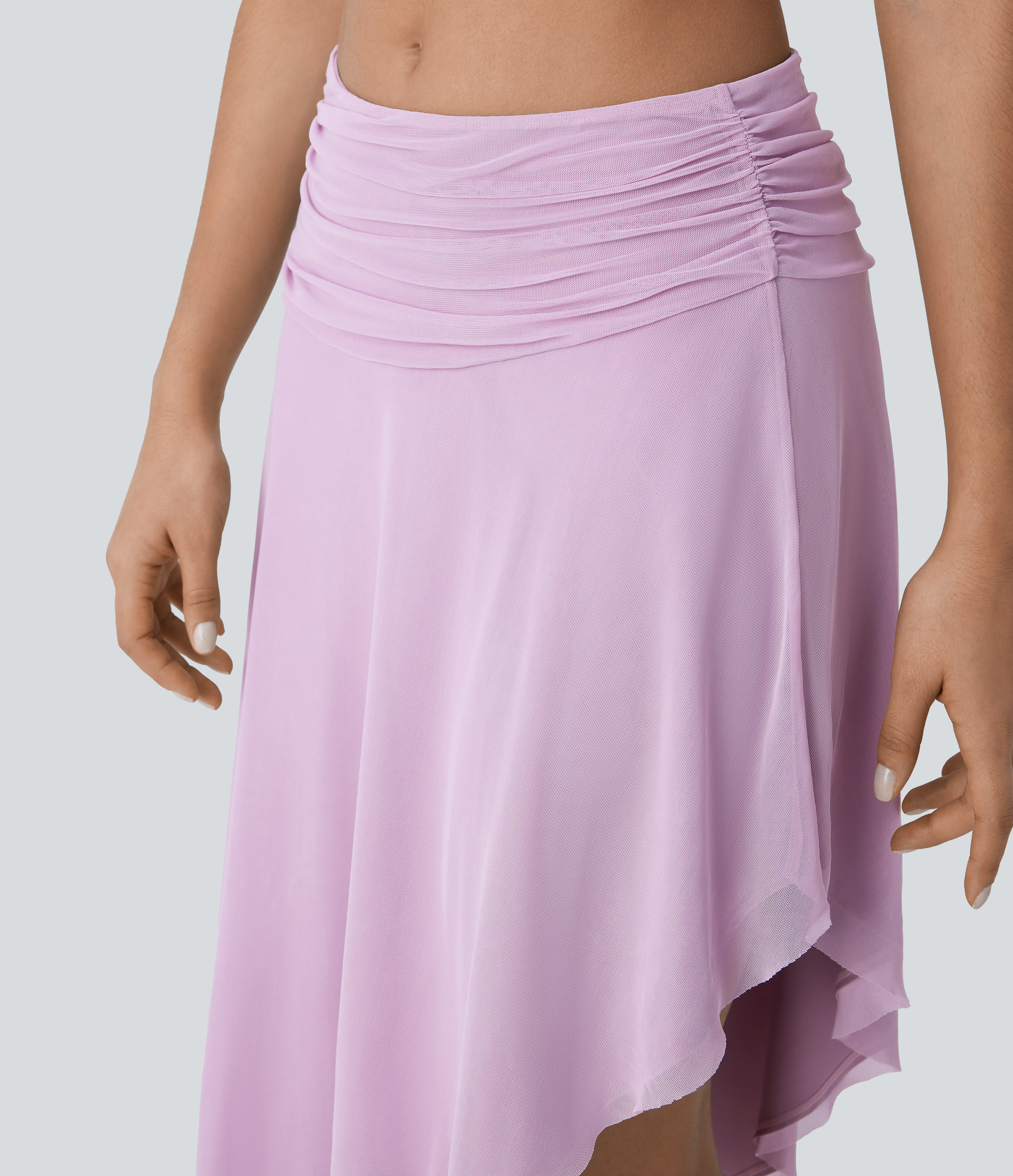 Halara Low Rise Ruched Asymmetric Hem Mesh Overlay Flowy Midi Resort Skirt  - Zephyr - XL(regular) 
