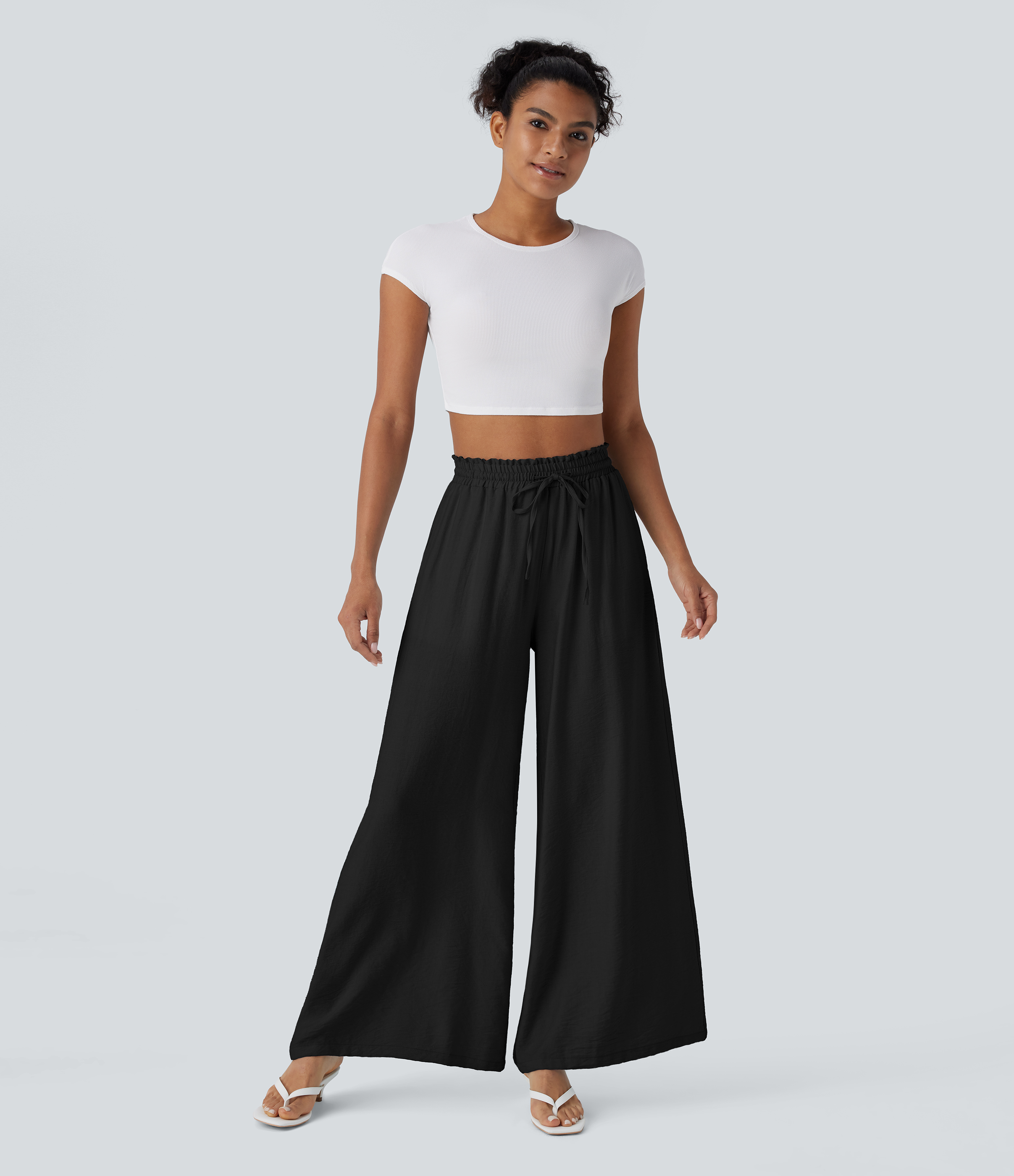 Halara High Waisted Drawstring Side Pocket Wide Leg Casual Linen-Feel Pants  - Black - L(regular) sweatpants jogger pants stacked sweatpants 