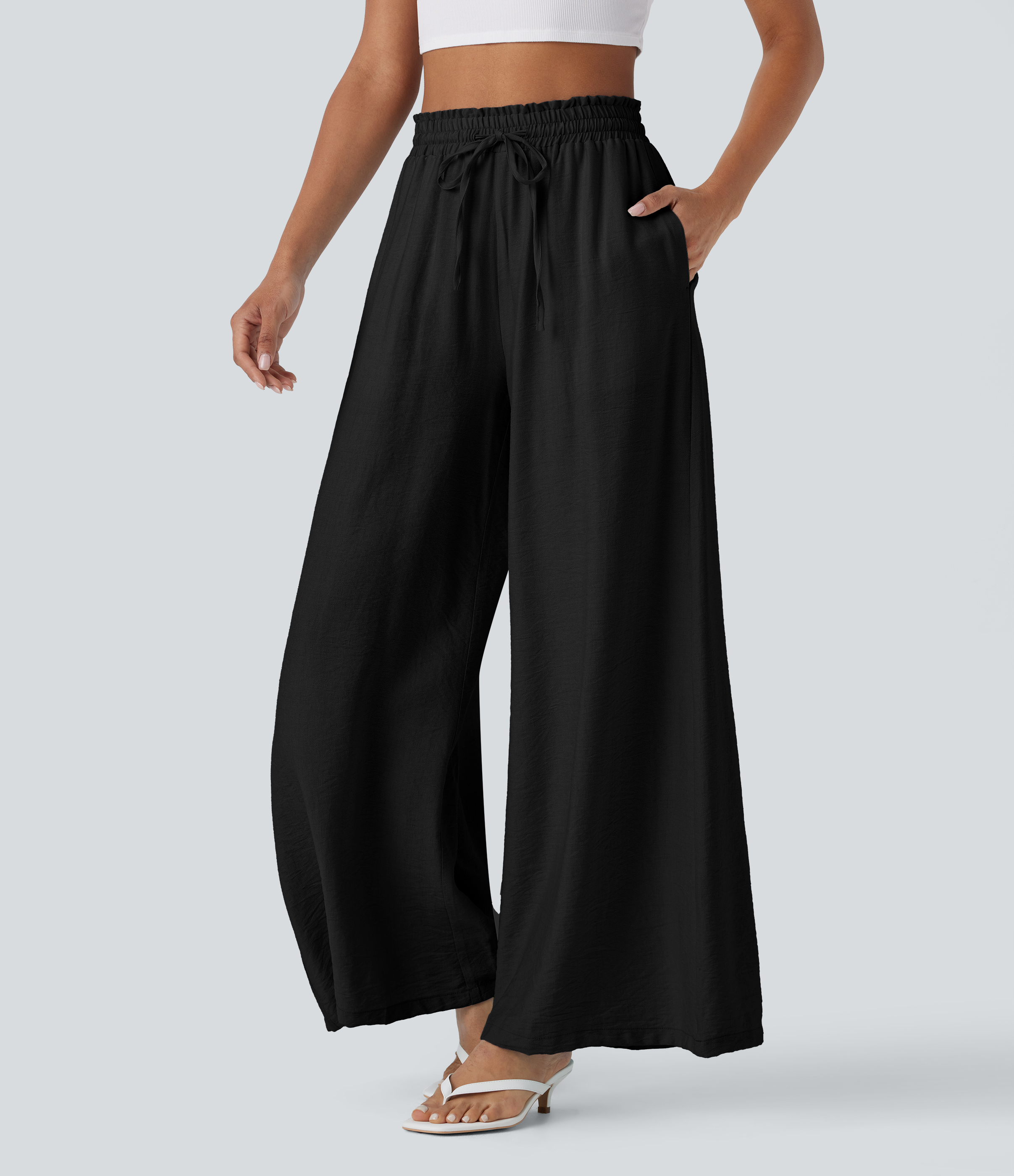 Halara High Waisted Drawstring Side Pocket Wide Leg Casual Linen-Feel Pants  - Black - L(regular) sweatpants jogger pants stacked sweatpants 
