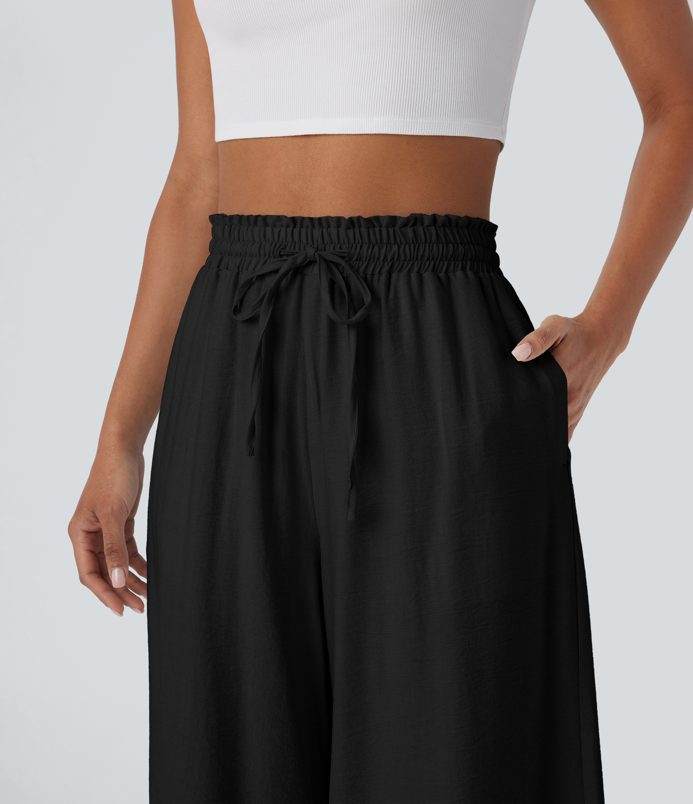Halara High Waisted Drawstring Side Pocket Wide Leg Casual Linen-Feel Pants  - Black - L(regular) sweatpants jogger pants stacked sweatpants 