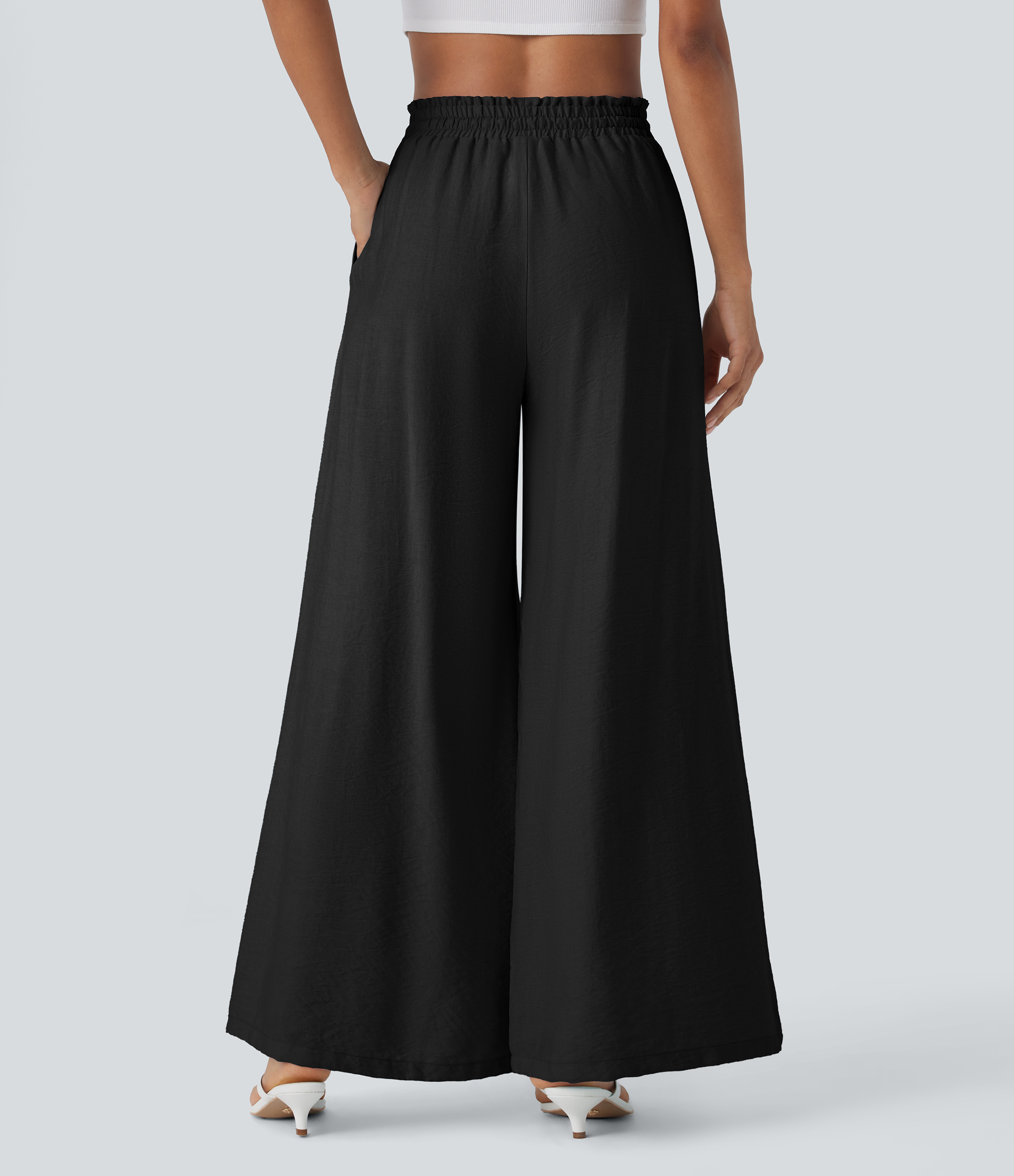 Halara High Waisted Drawstring Side Pocket Wide Leg Casual Linen-Feel Pants  - Black - L(regular) sweatpants jogger pants stacked sweatpants 