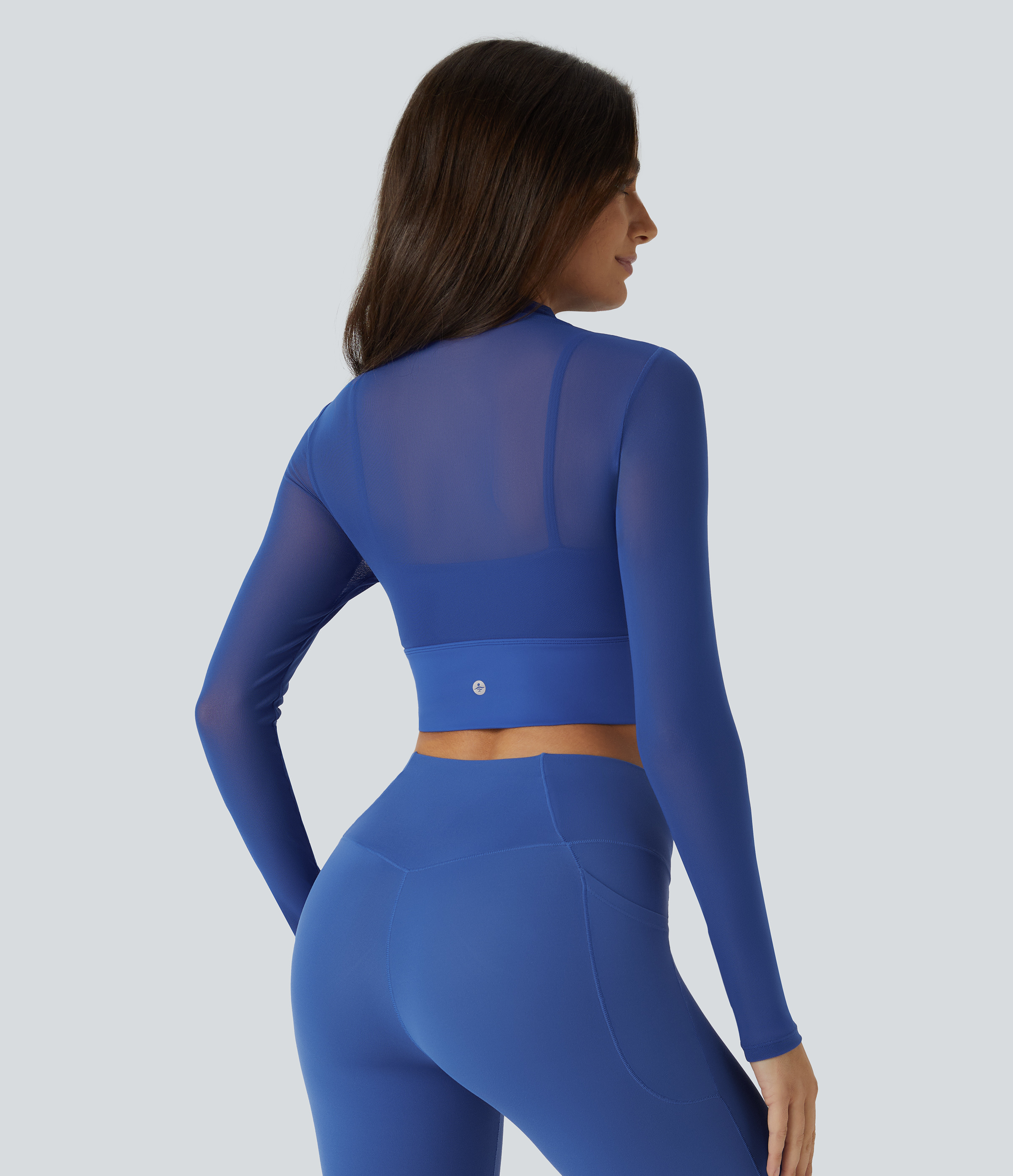 Halara Contrast Mesh Long Sleeve 2-in-1 Cropped Workout Sports Top  - Deep Ultramarine - XS 