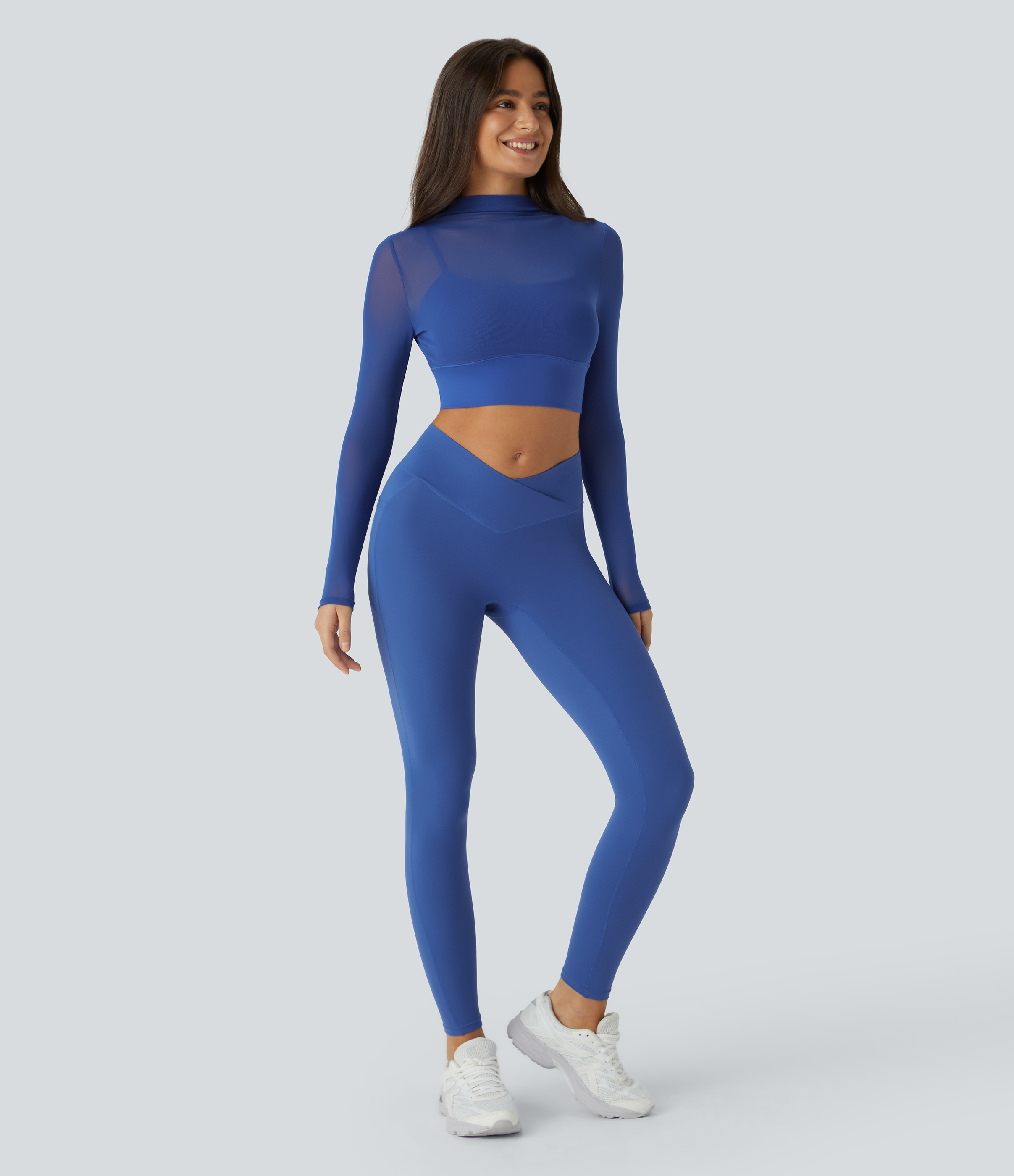 Halara Contrast Mesh Long Sleeve 2-in-1 Cropped Workout Sports Top  - Deep Ultramarine - XS 