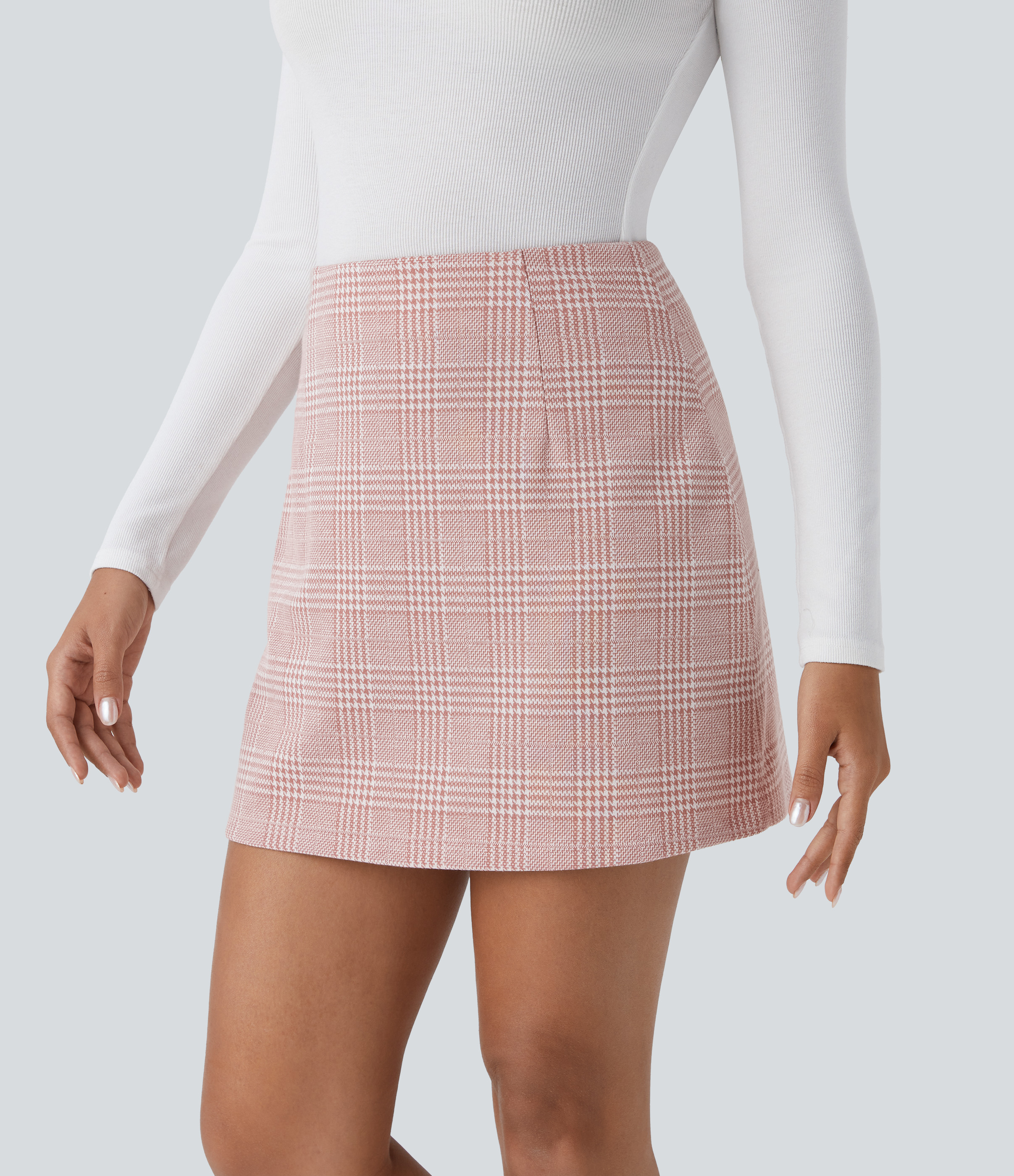 Halara High Waisted 2-in-1 Houndstooth Plaid Mini Work Skirt  - Bean Paste Houndstooth Plaid - S(regular) 