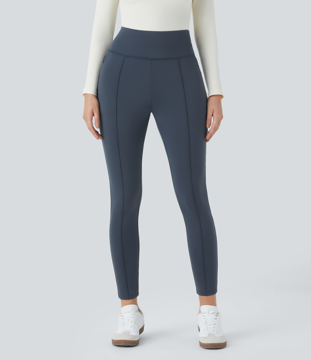 Halara High Waisted Side Zipper Pocket Slim Ankle Length Casual Pants  - Faded Blue - S(regular) 