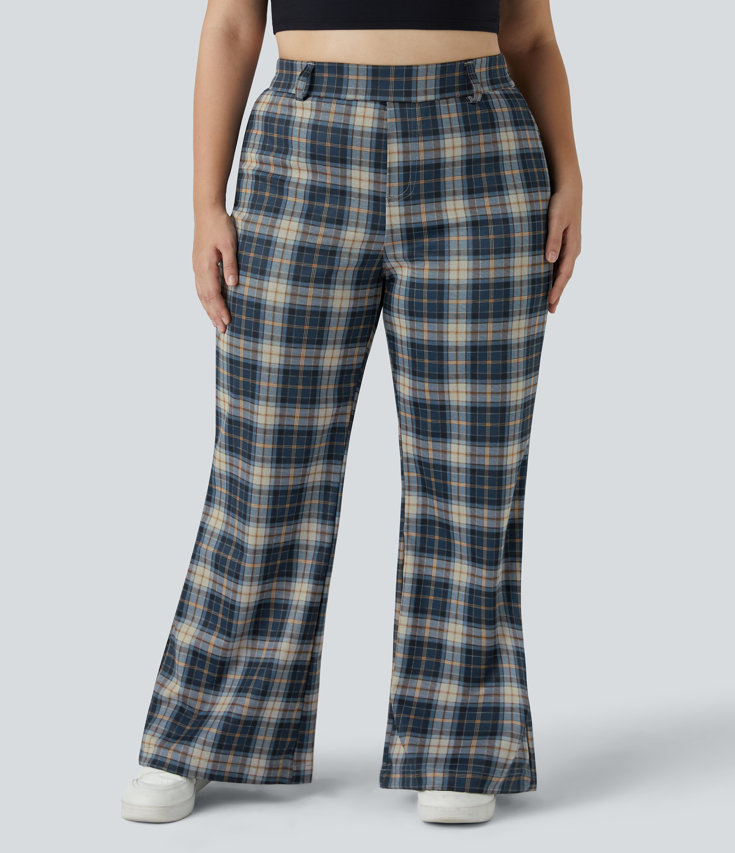 Halara High Waisted Plaid Plus Size Wide Leg Casual Pants  - Navy Blue Plaid - 3X 