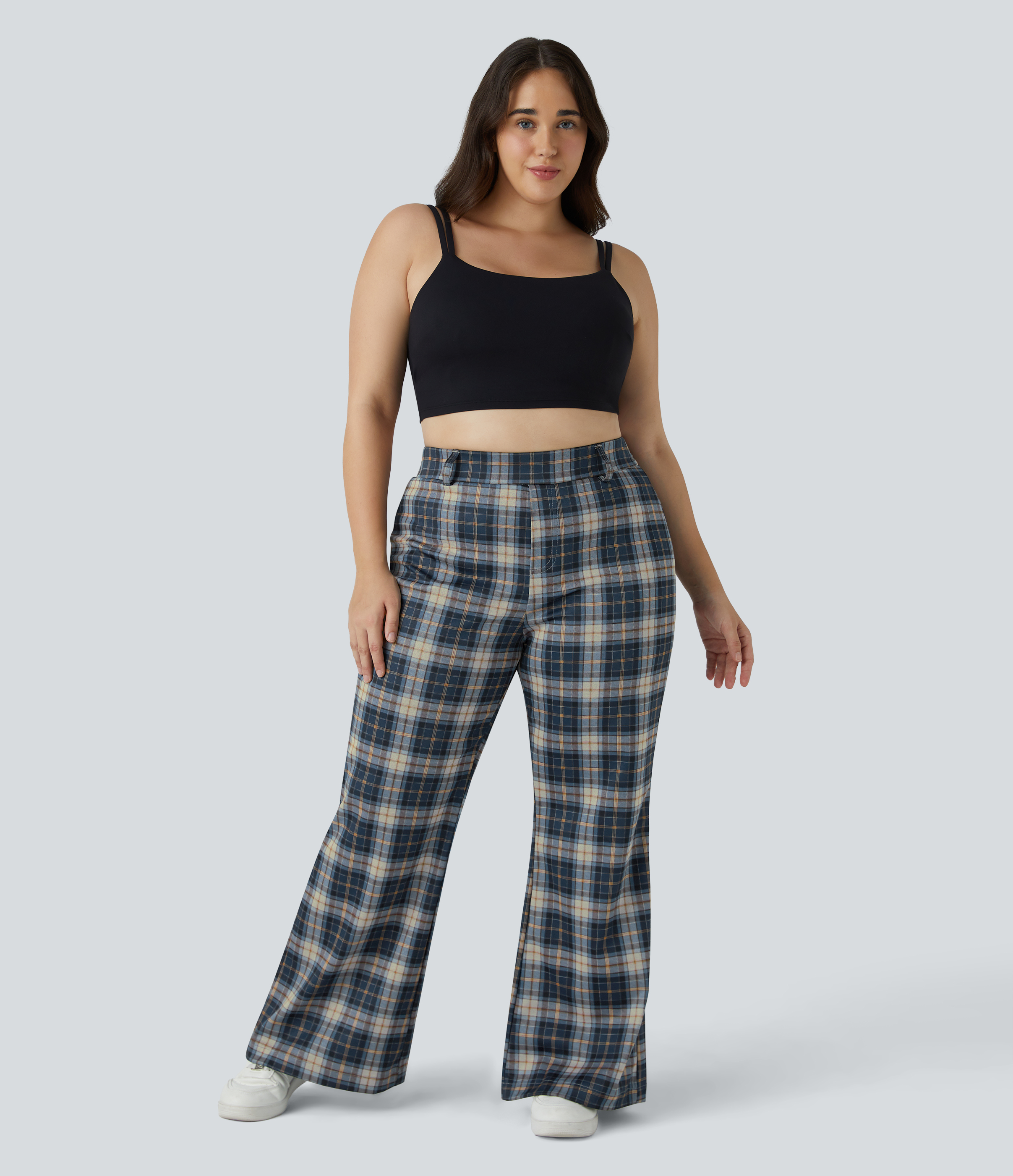 Halara High Waisted Plaid Plus Size Wide Leg Casual Pants  - Navy Blue Plaid - 3X 