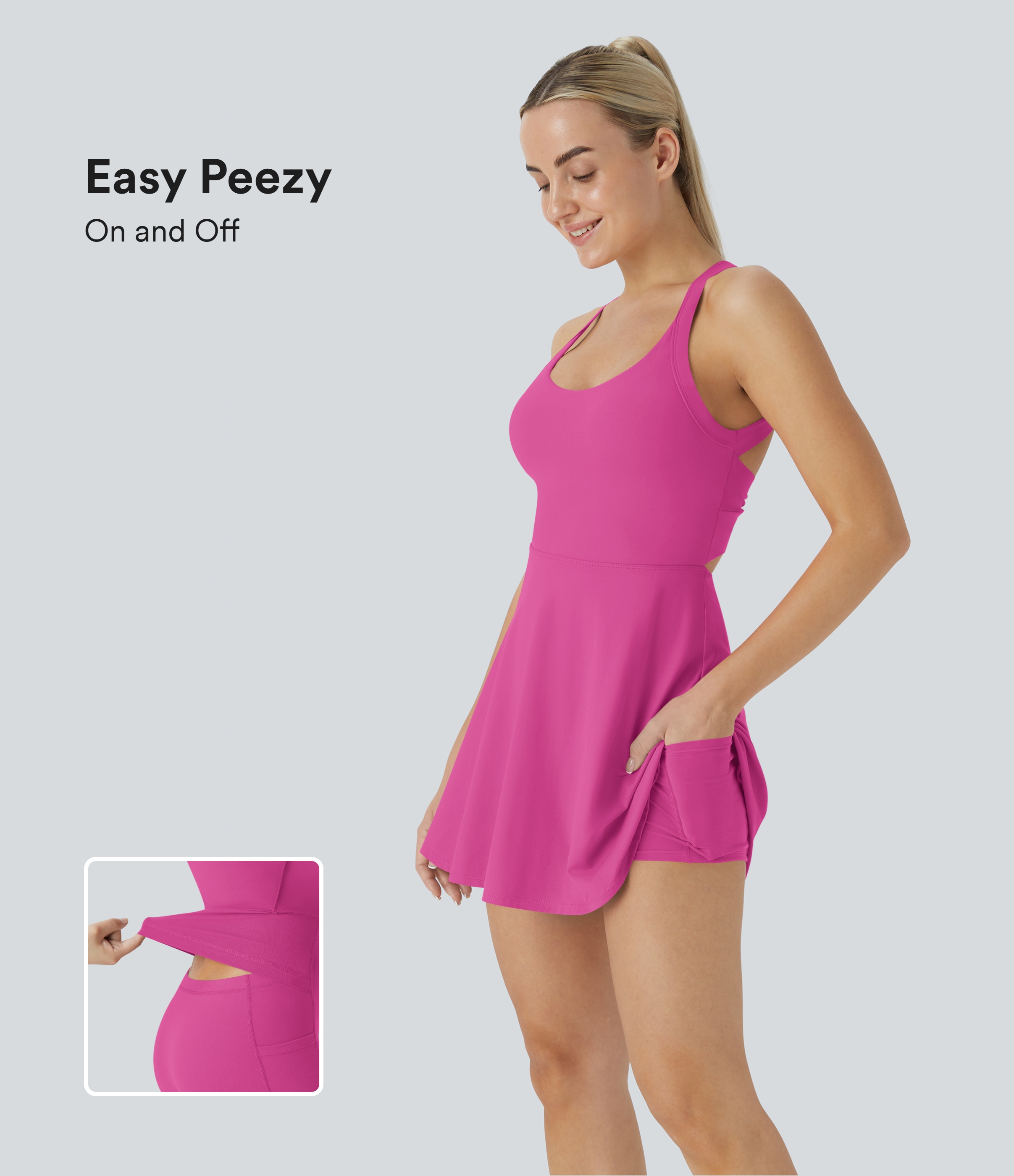 Halara Backless Cut Out Twisted Side Pocket 2-in-1 Exercise Dress-Easy Peezy Workout Dress - Fuchsia Fedora - XL 