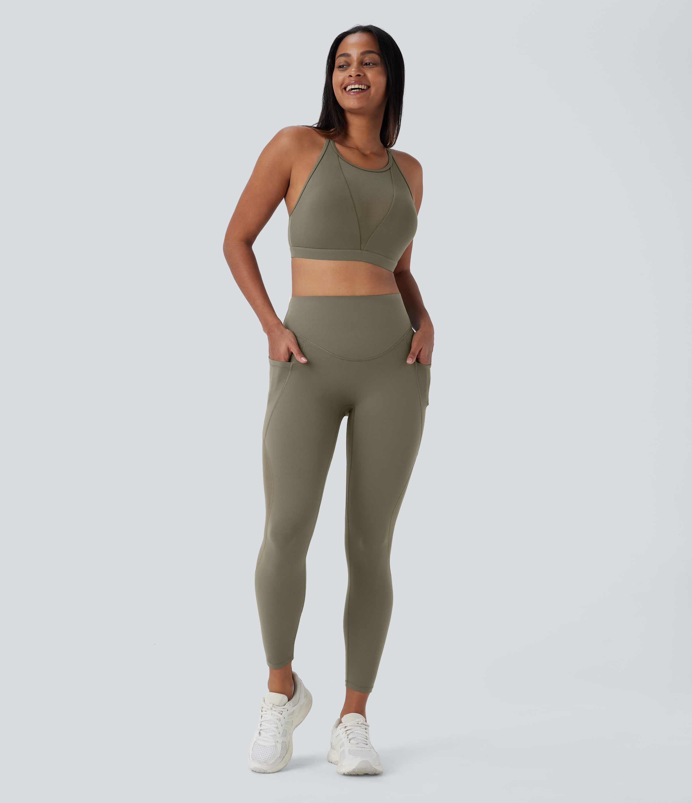 Halara Halara UltraSculptв„ў SoCinched Super High Waisted Butt Lifting Tummy Control Side Pocket Contrast Mesh Shaping Workout Leggings  - Grass Grey Green - M(7/8) 