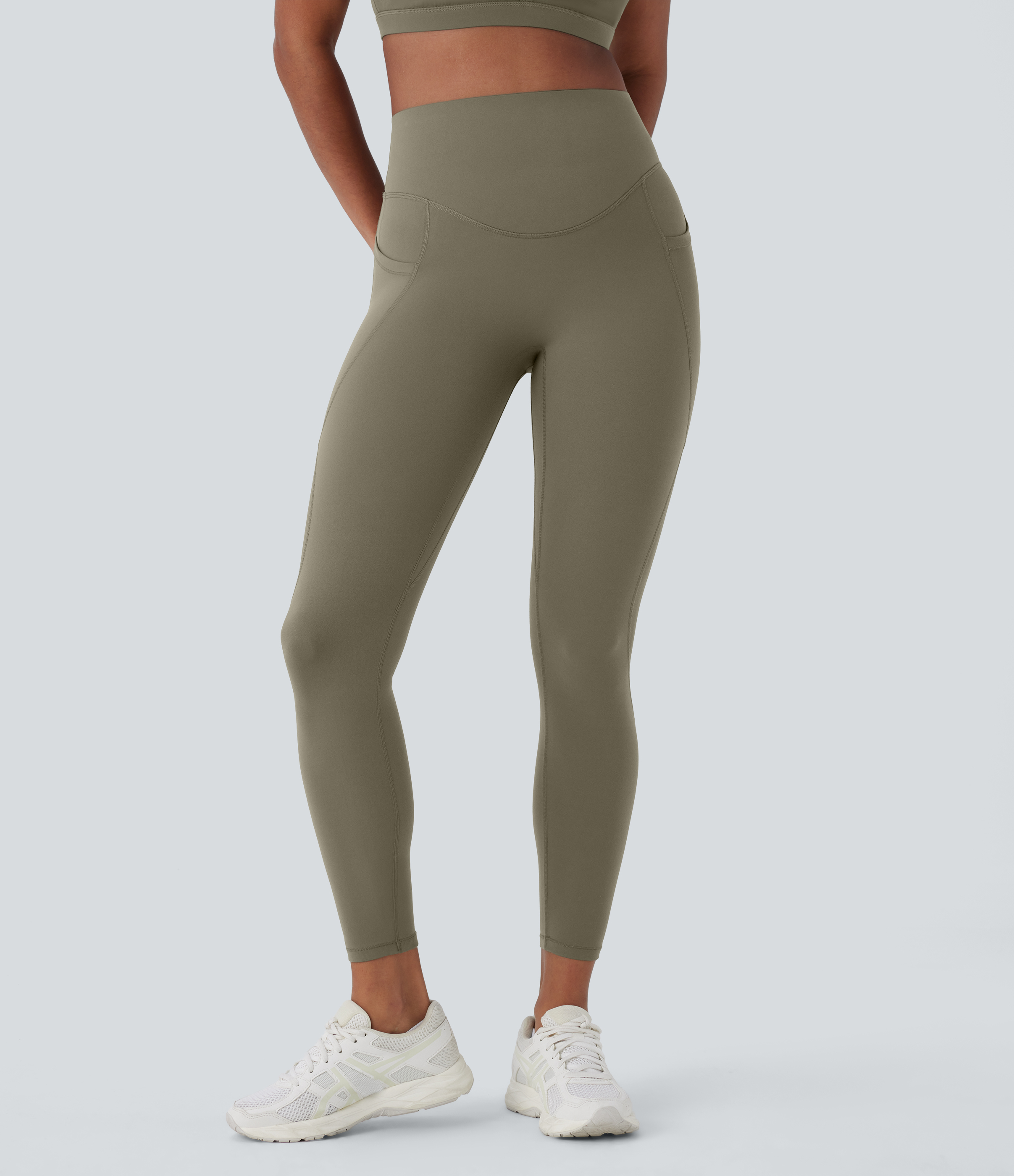 Halara Halara UltraSculptв„ў SoCinched Super High Waisted Butt Lifting Tummy Control Side Pocket Contrast Mesh Shaping Workout Leggings  - Grass Grey Green - M(7/8) 