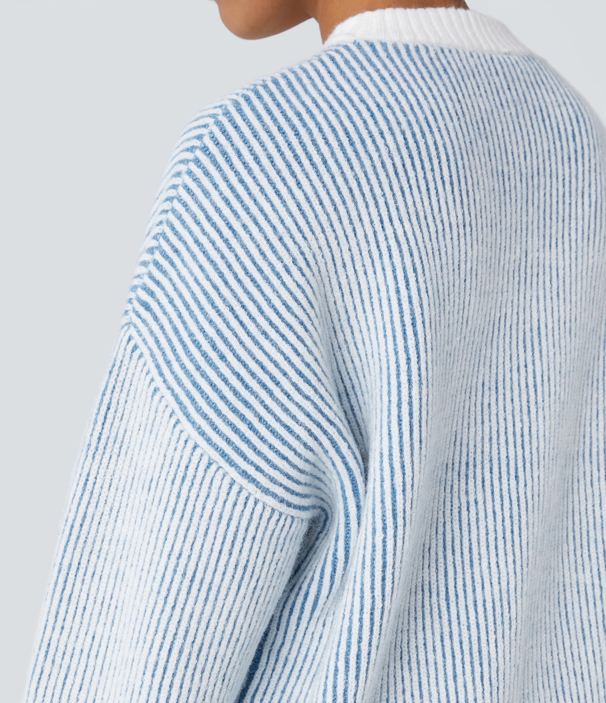 Halara Round Neck Long Sleeve Color Block Stripe Casual Sweater  - Pearl Blue - S 