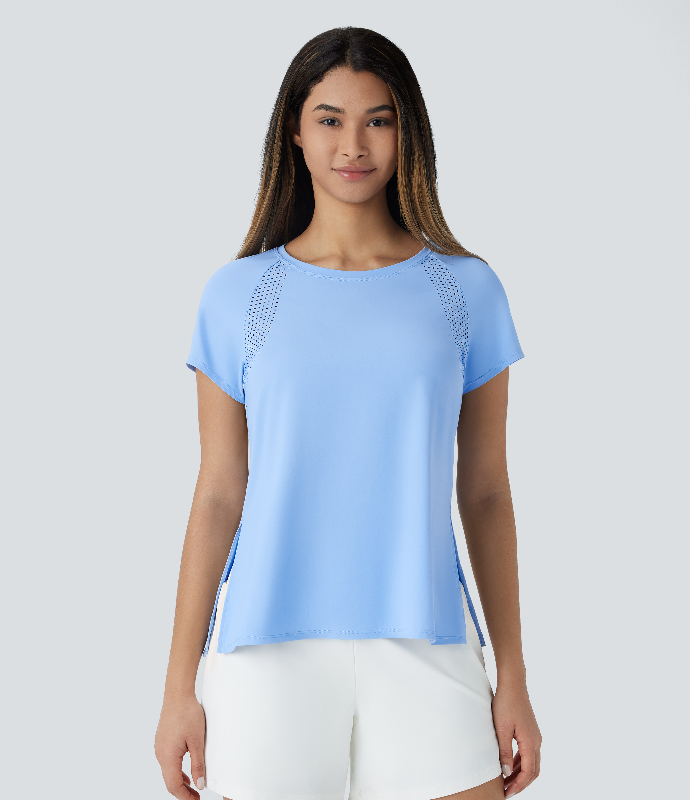 Halara Boat Neck Short Sleeve Cut Out Split Cool Touch Workout Sports Top  - Sky Blue - M 