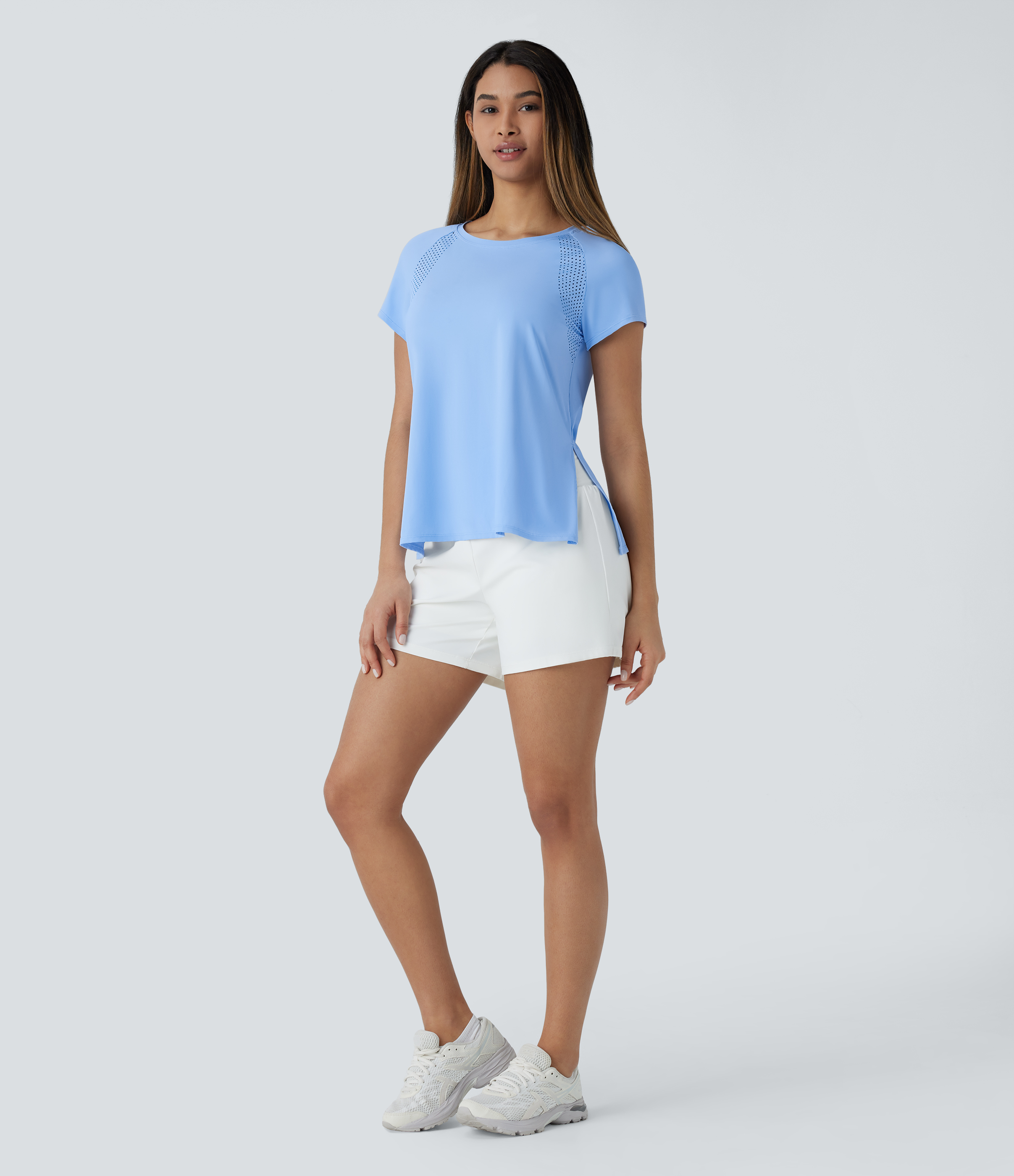 Halara Boat Neck Short Sleeve Cut Out Split Cool Touch Workout Sports Top  - Sky Blue - M 