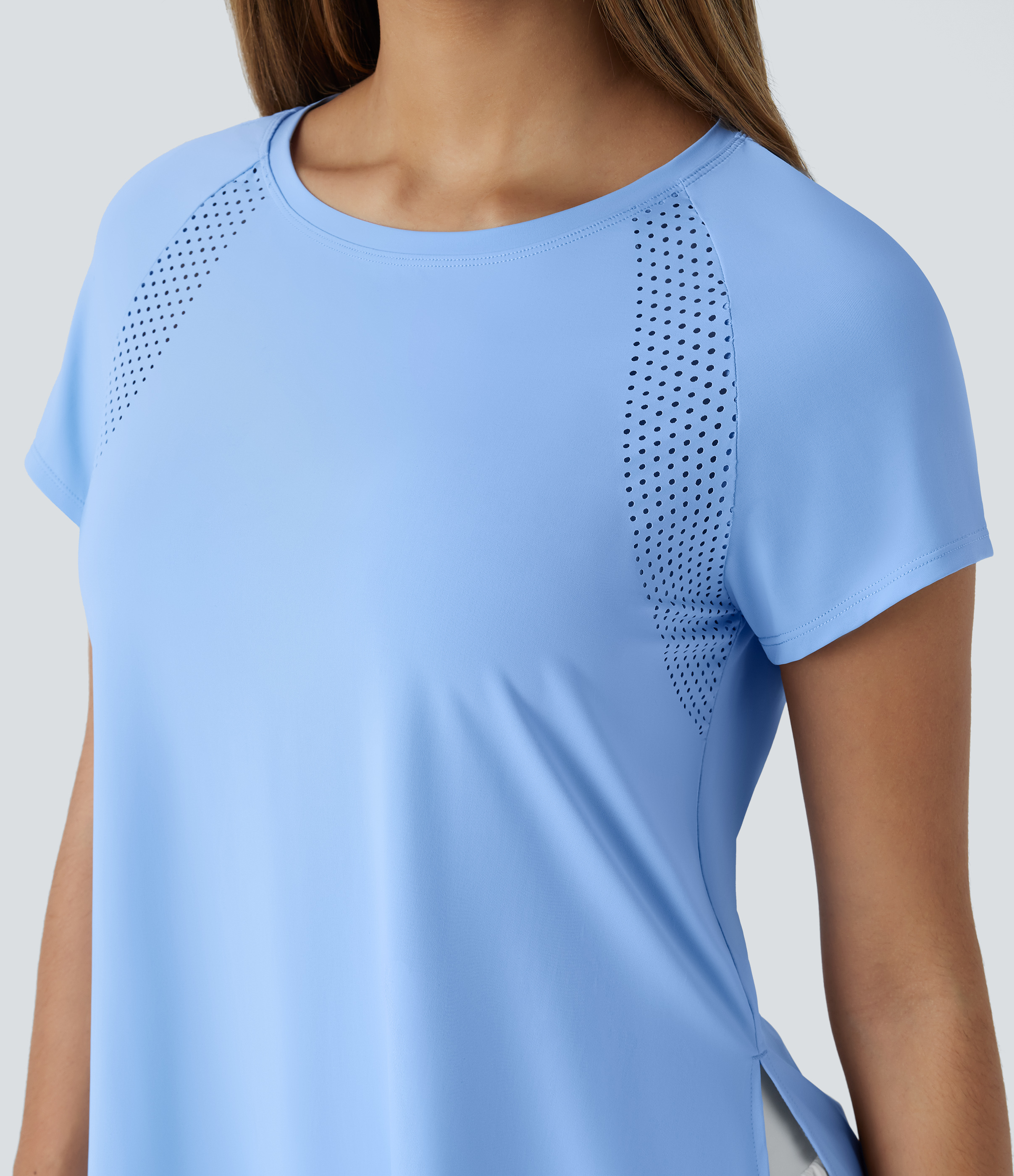 Halara Boat Neck Short Sleeve Cut Out Split Cool Touch Workout Sports Top  - Sky Blue - M 