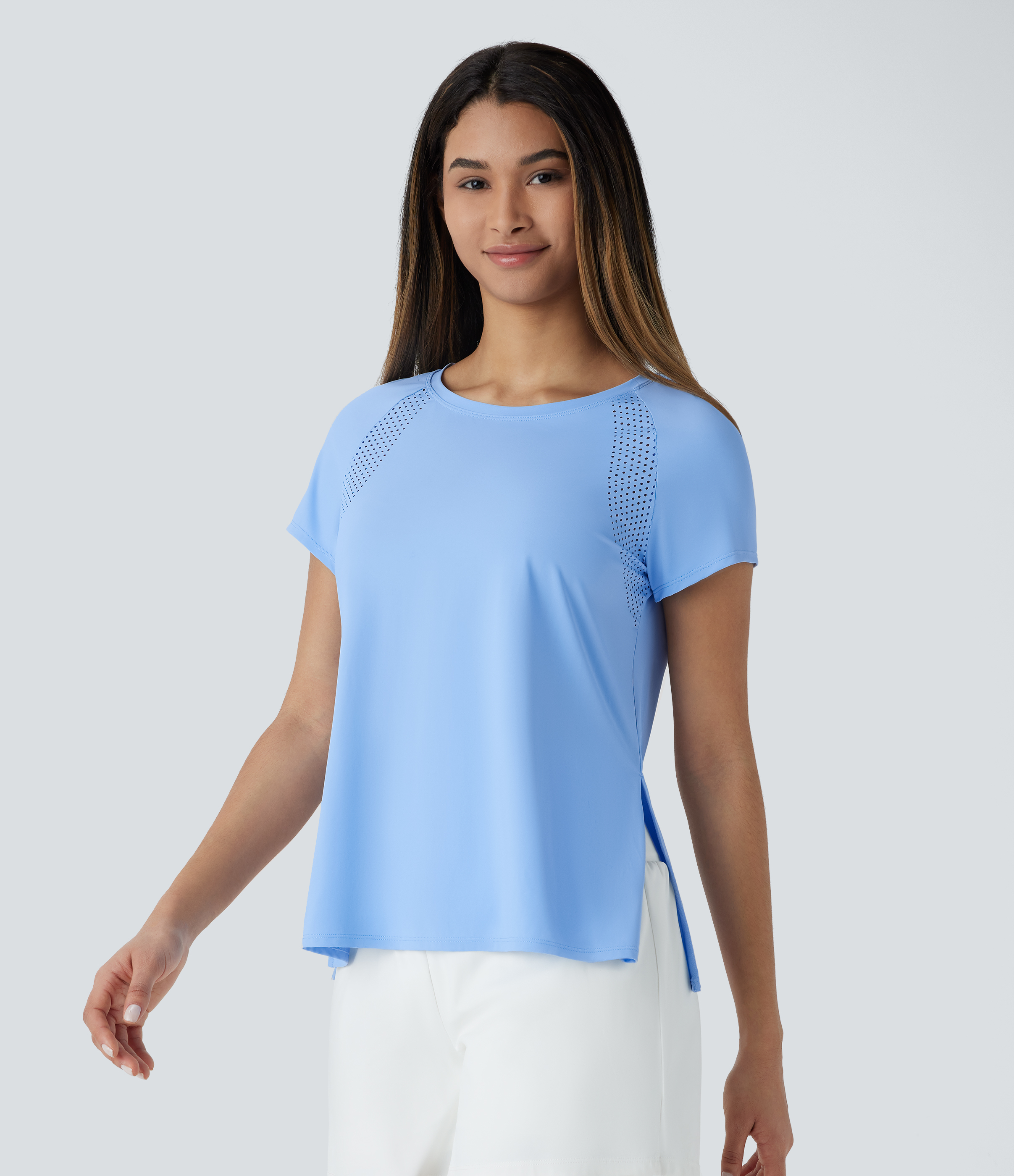 Halara Boat Neck Short Sleeve Cut Out Split Cool Touch Workout Sports Top  - Sky Blue - M 