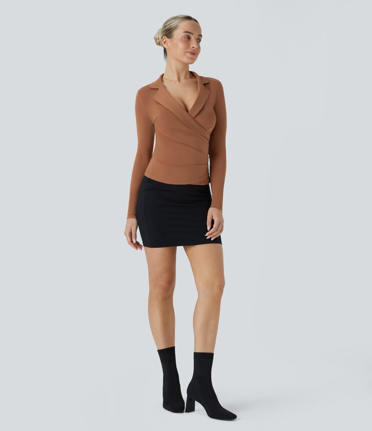 Halara Notched Collar Surplice Long Sleeve Ruched Slim Work Top Tank Top - Rust Red - S golf tops halter top tunic tops sleeveless tops 