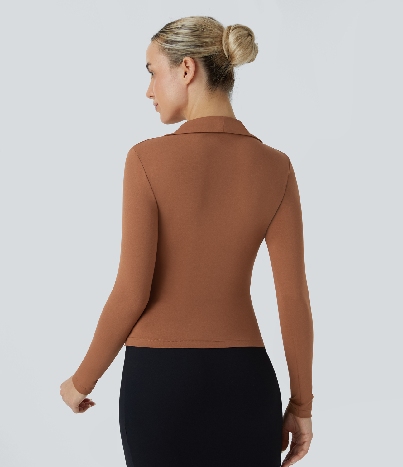Halara Notched Collar Surplice Long Sleeve Ruched Slim Work Top Tank Top - Rust Red - S golf tops halter top tunic tops sleeveless tops 