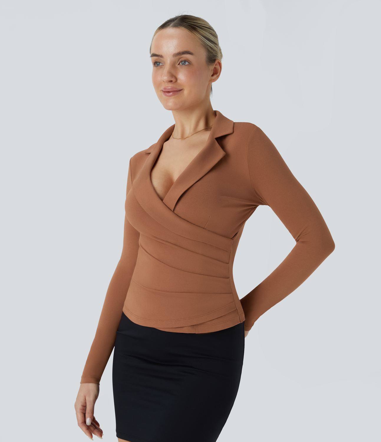 Halara Notched Collar Surplice Long Sleeve Ruched Slim Work Top Tank Top - Rust Red - S golf tops halter top tunic tops sleeveless tops 