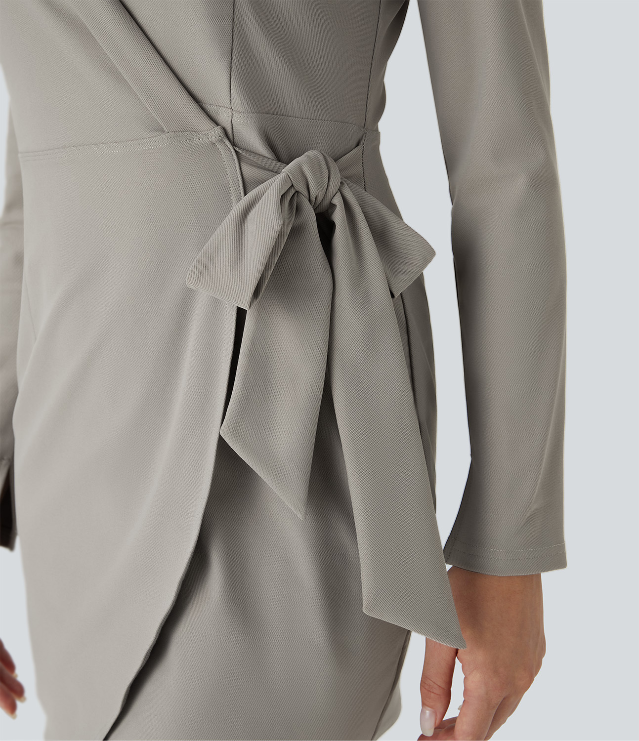 Halara Lapel Long Sleeve Split Cuff Wrapped Tie Side Curved Hem Mini Twill Work Dress Casual Dress - Elephant Skin - XL slip dress 