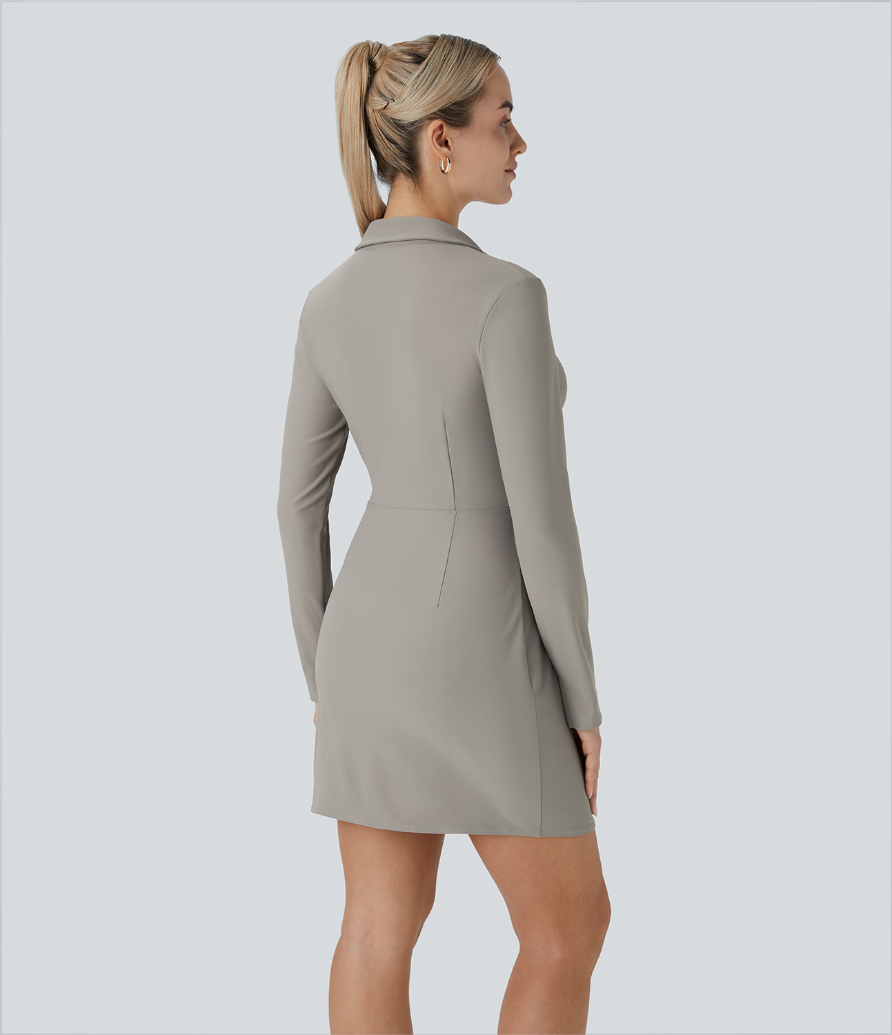 Halara Lapel Long Sleeve Split Cuff Wrapped Tie Side Curved Hem Mini Twill Work Dress Casual Dress - Elephant Skin - XL slip dress 