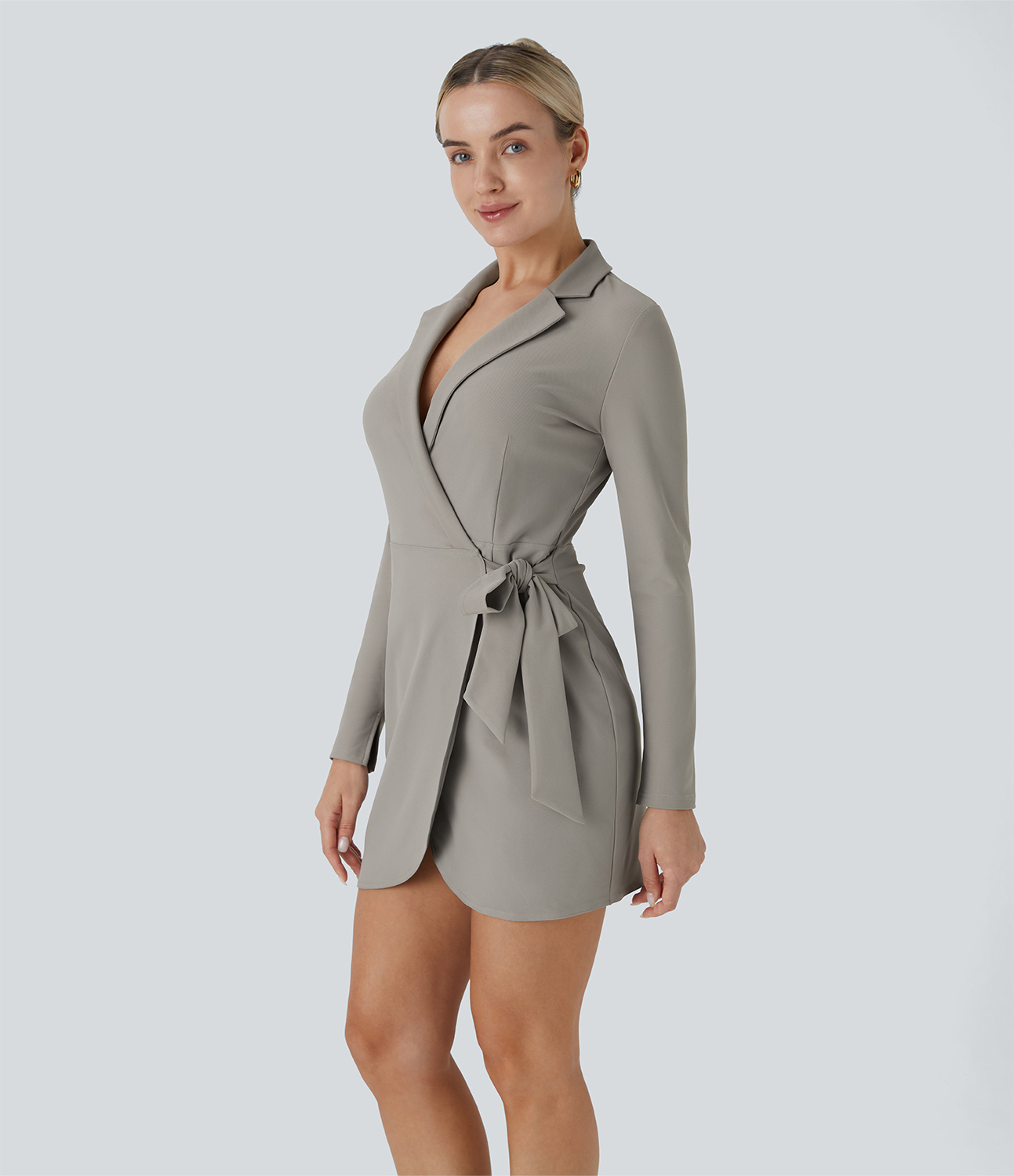 Halara Lapel Long Sleeve Split Cuff Wrapped Tie Side Curved Hem Mini Twill Work Dress Casual Dress - Elephant Skin - XL slip dress 