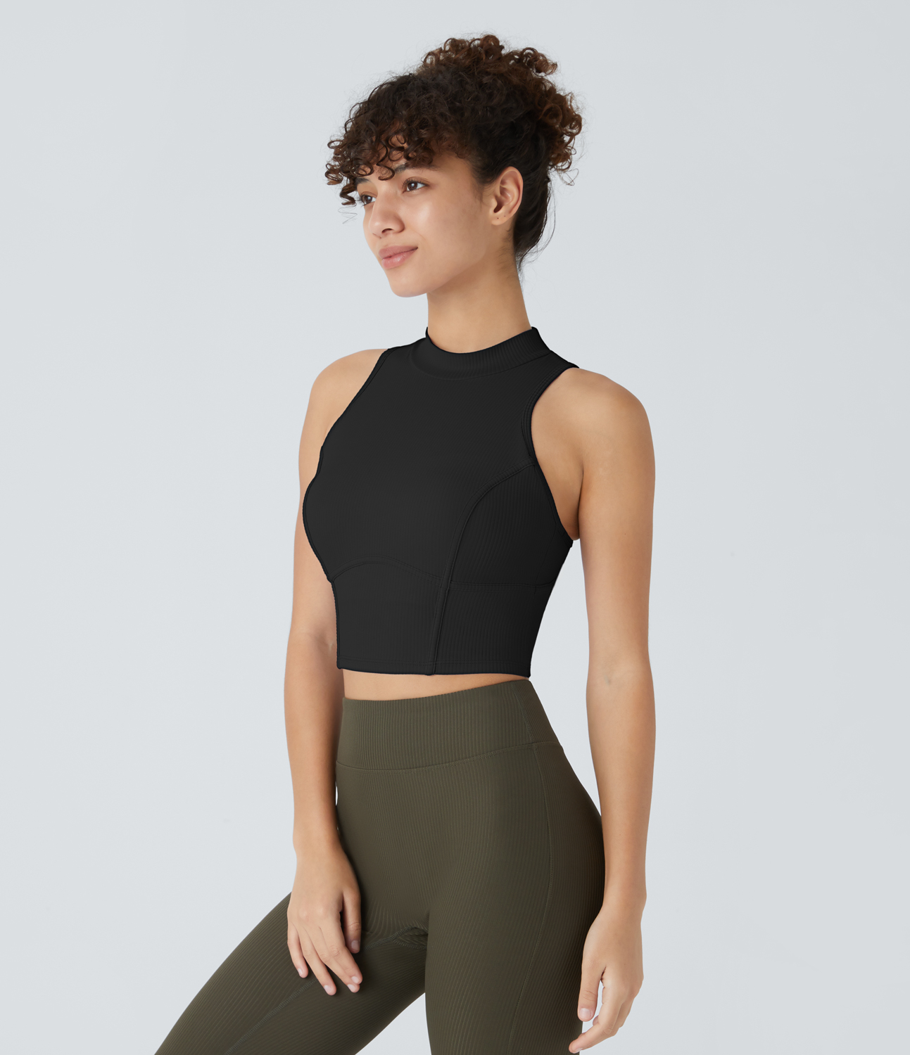 Halara Ribbed Stand Collar Racerback Cropped Skinny Workout Tank Top Tank Top - Black - XS golf tops halter top tunic tops sleeveless tops 
