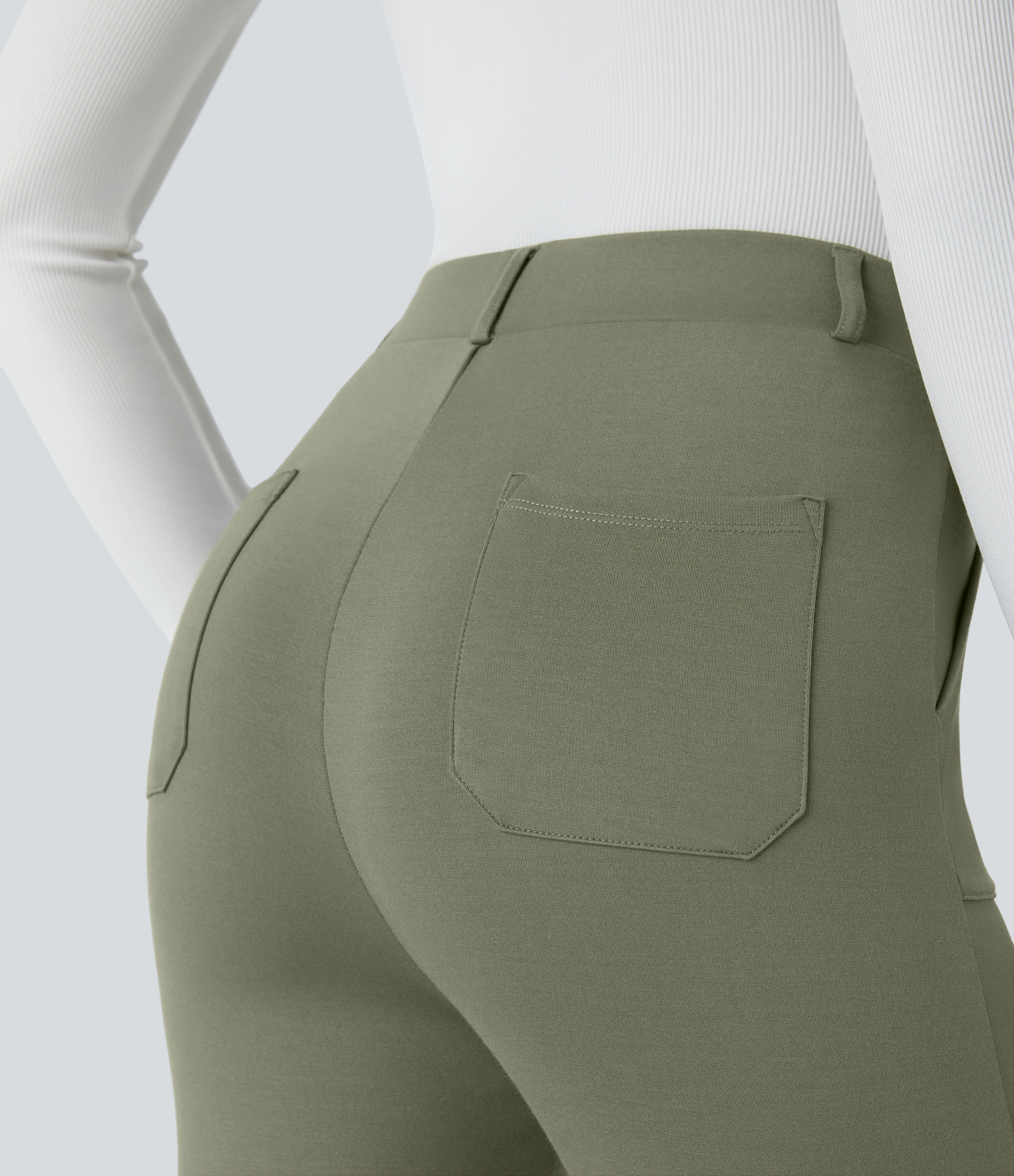 Halara High Waisted Multiple Pockets Pick-Stitching Work Capri Pants  - Oil Green - XL(regular) sweatpants jogger pants stacked sweatpants 