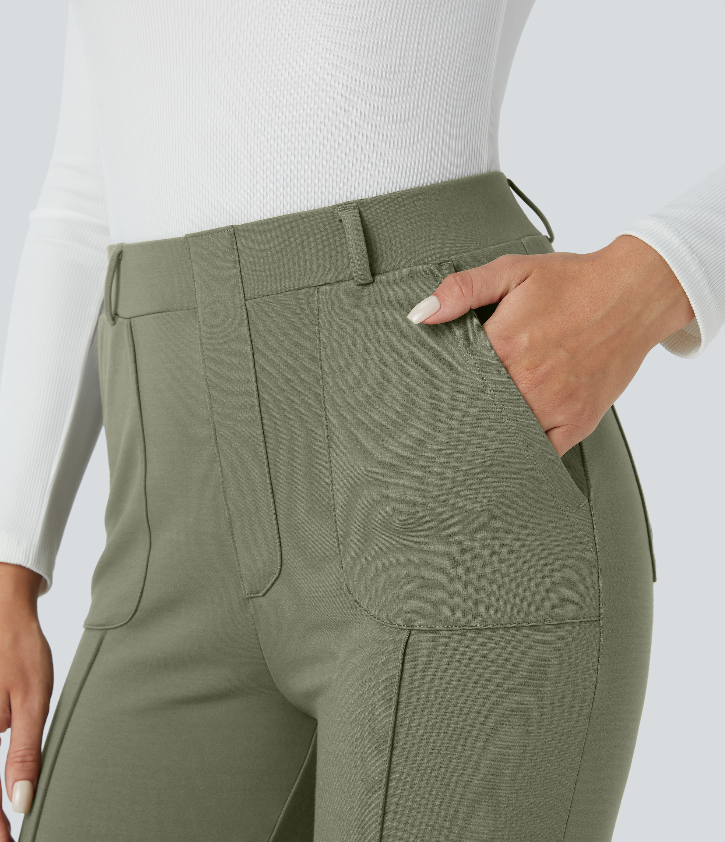 Halara High Waisted Multiple Pockets Pick-Stitching Work Capri Pants  - Oil Green - XL(regular) sweatpants jogger pants stacked sweatpants 