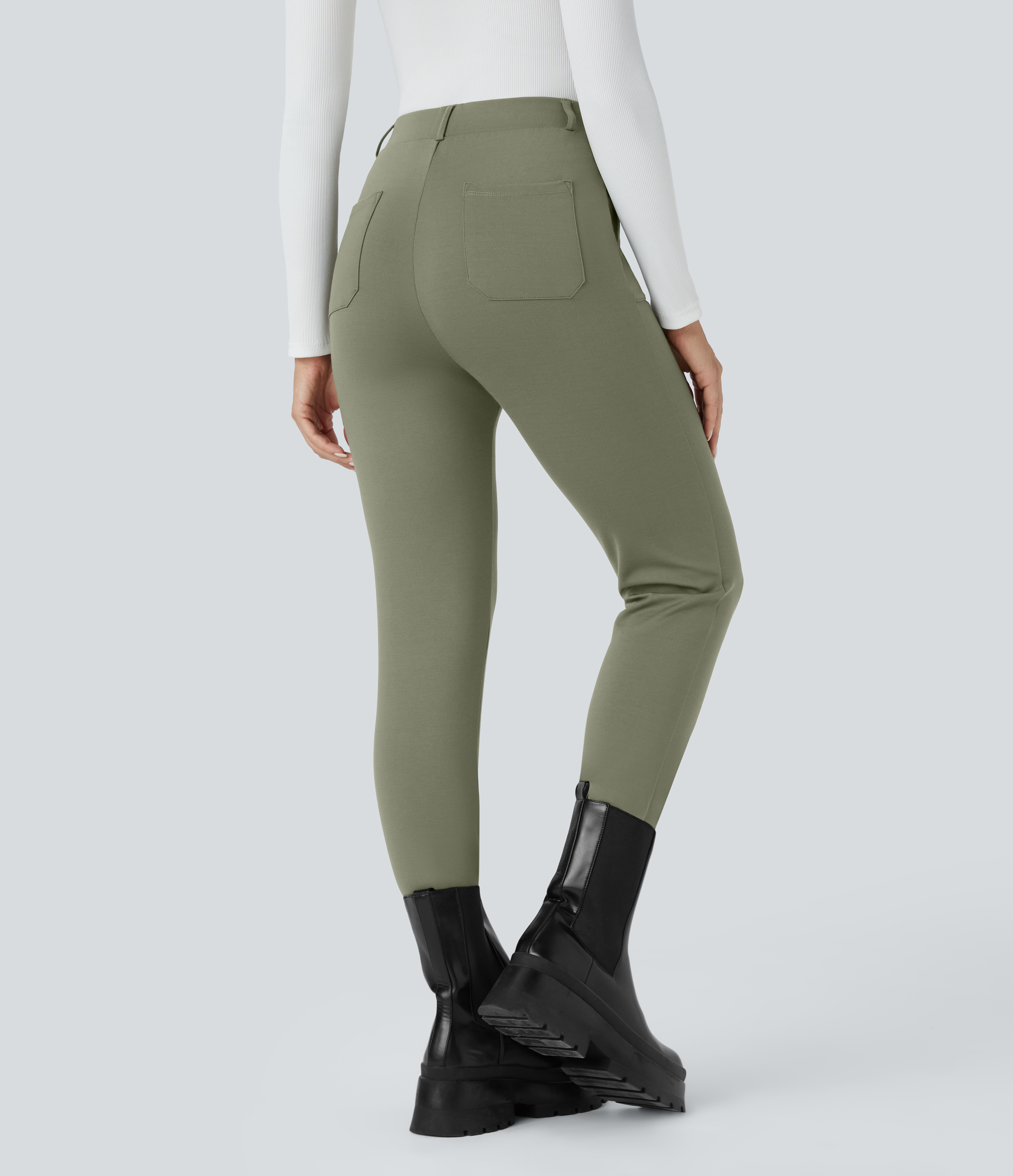 Halara High Waisted Multiple Pockets Pick-Stitching Work Capri Pants  - Oil Green - XL(regular) sweatpants jogger pants stacked sweatpants 