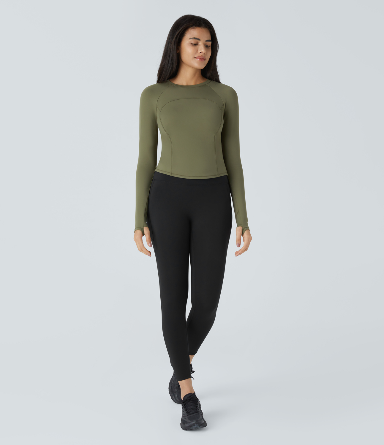 Halara Softlyzeroв„ў Thermal Raglan Sleeve Thumb Hole Slim Yoga Sports Top  - Grass Grey Green - S 