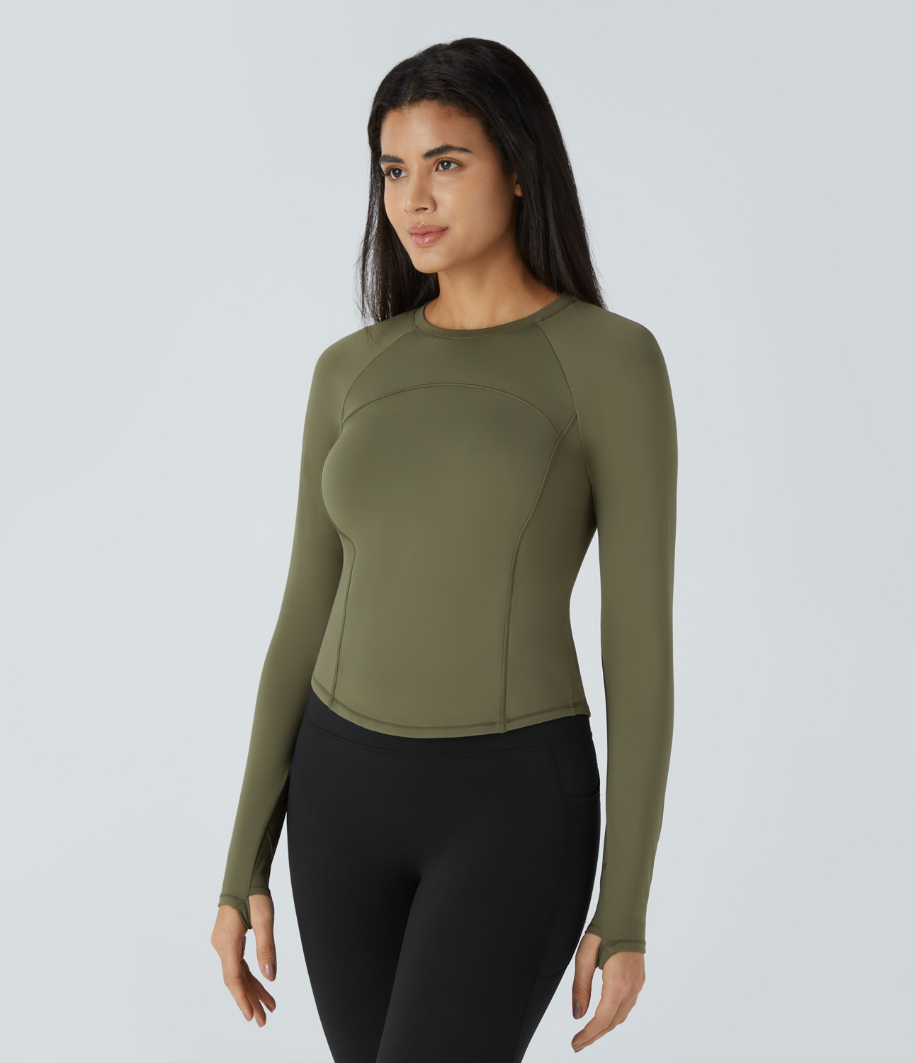 Halara Softlyzeroв„ў Thermal Raglan Sleeve Thumb Hole Slim Yoga Sports Top  - Grass Grey Green - S 
