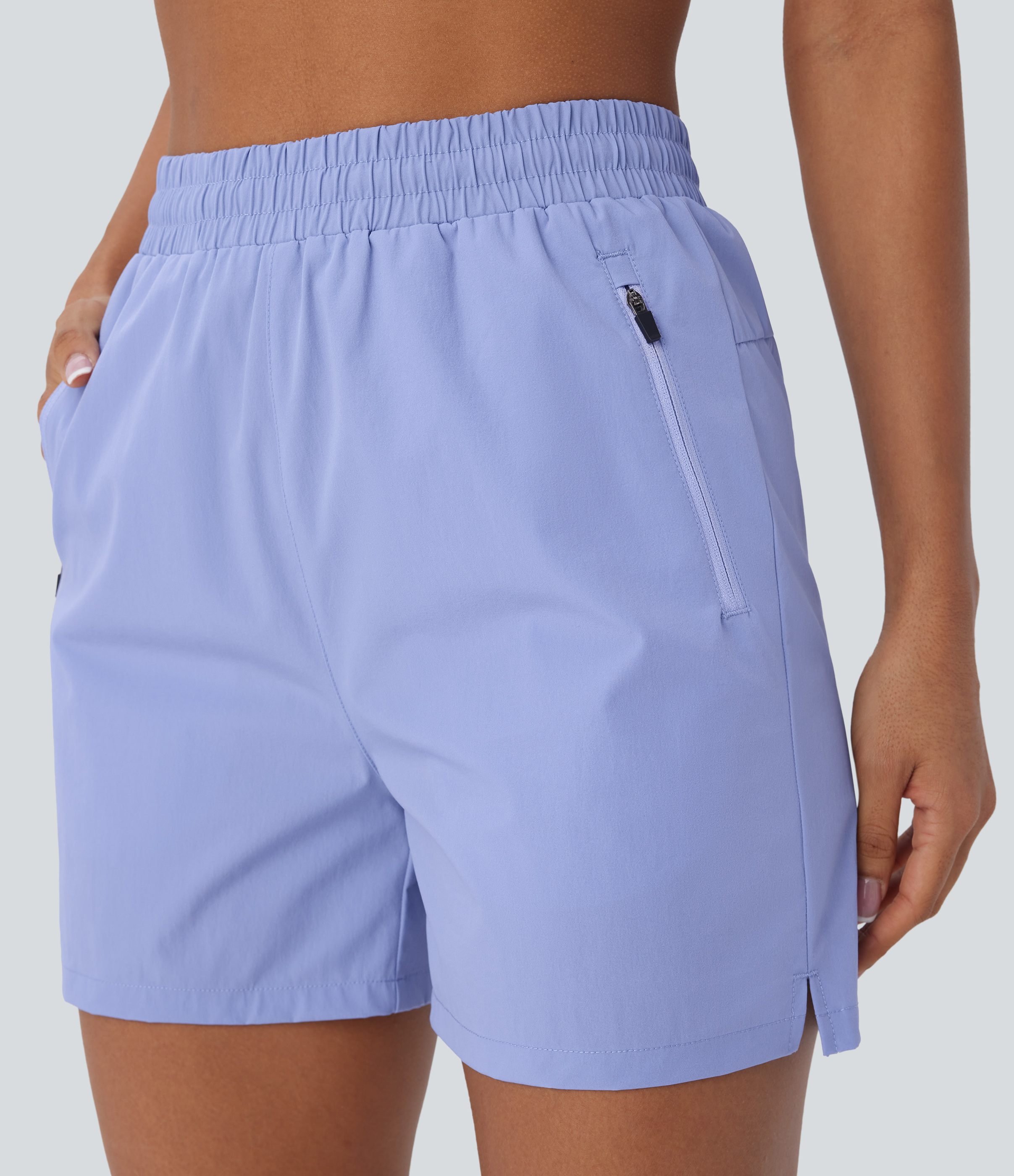 Halara Water Repellent Wear-Resistant High Waisted Inside Drawstring Multiple Zipper Pockets Split Hiking Shorts Gym Short - Azure Haze - L 