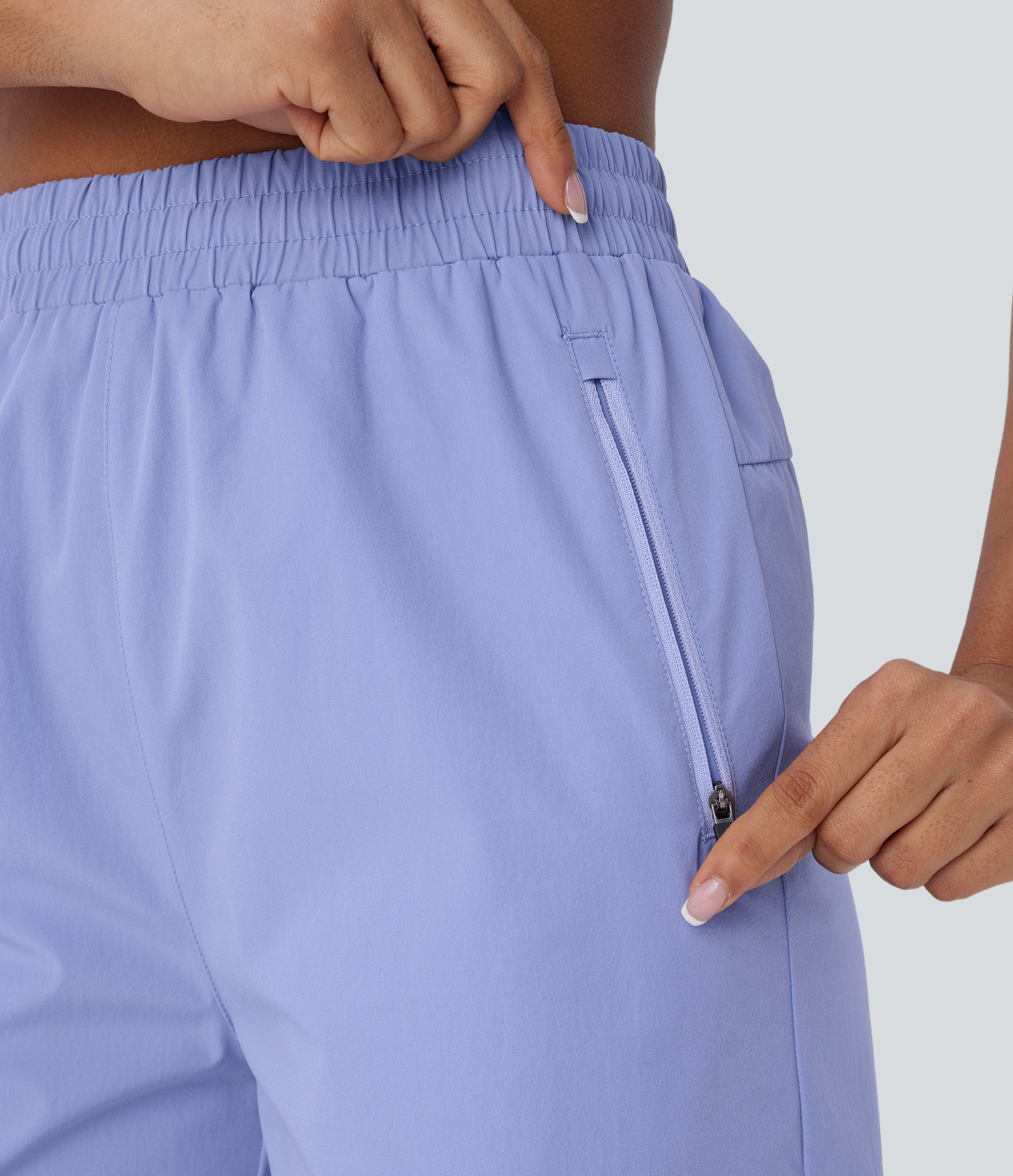 Halara Water Repellent Wear-Resistant High Waisted Inside Drawstring Multiple Zipper Pockets Split Hiking Shorts Gym Short - Azure Haze - L 
