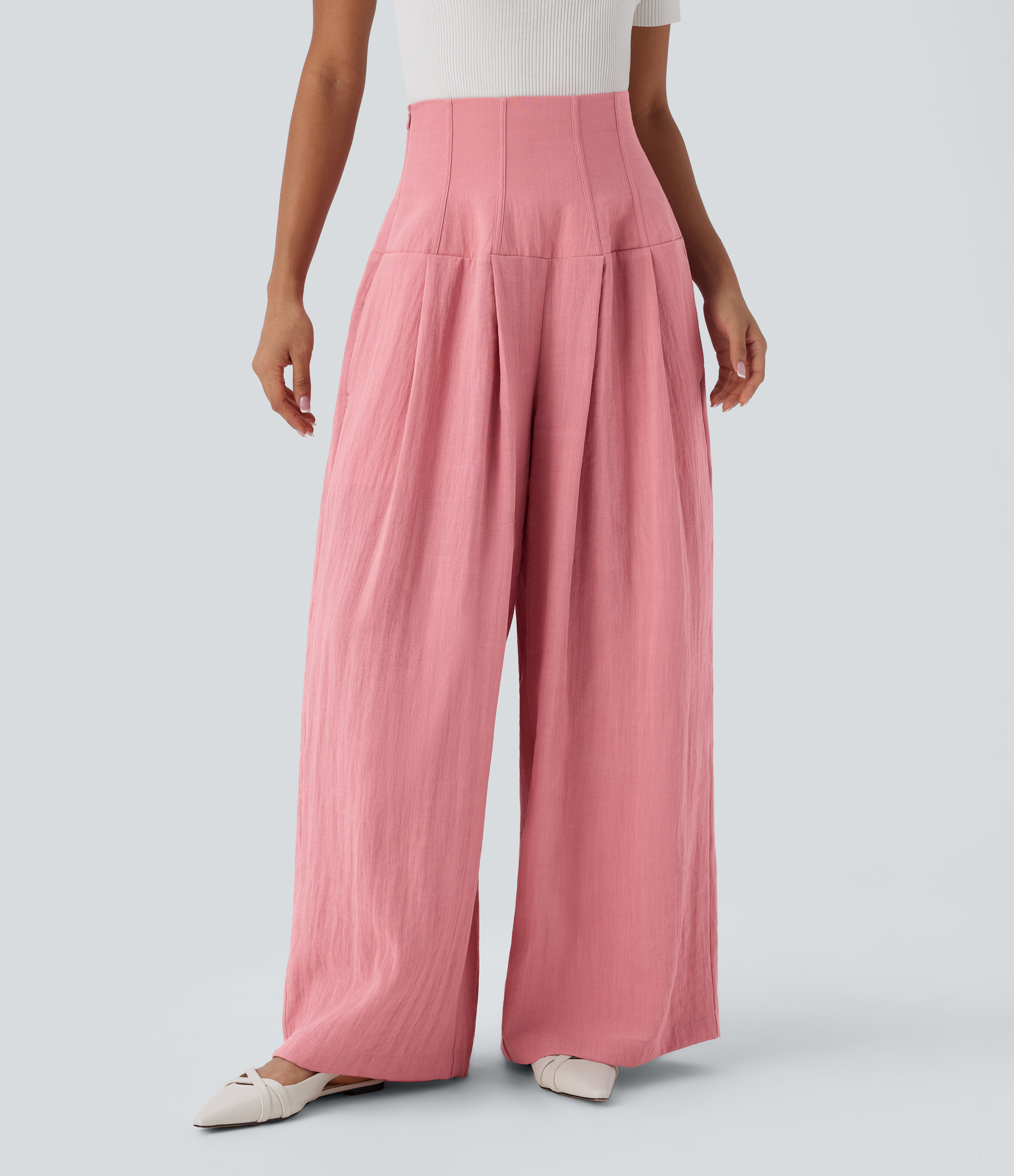 Halara Super High Waisted Invisible Zipper Shirred Pockets Wide Leg Work Linen-Feel Pants  - Rosette - XS(regular) sweatpants jogger pants 