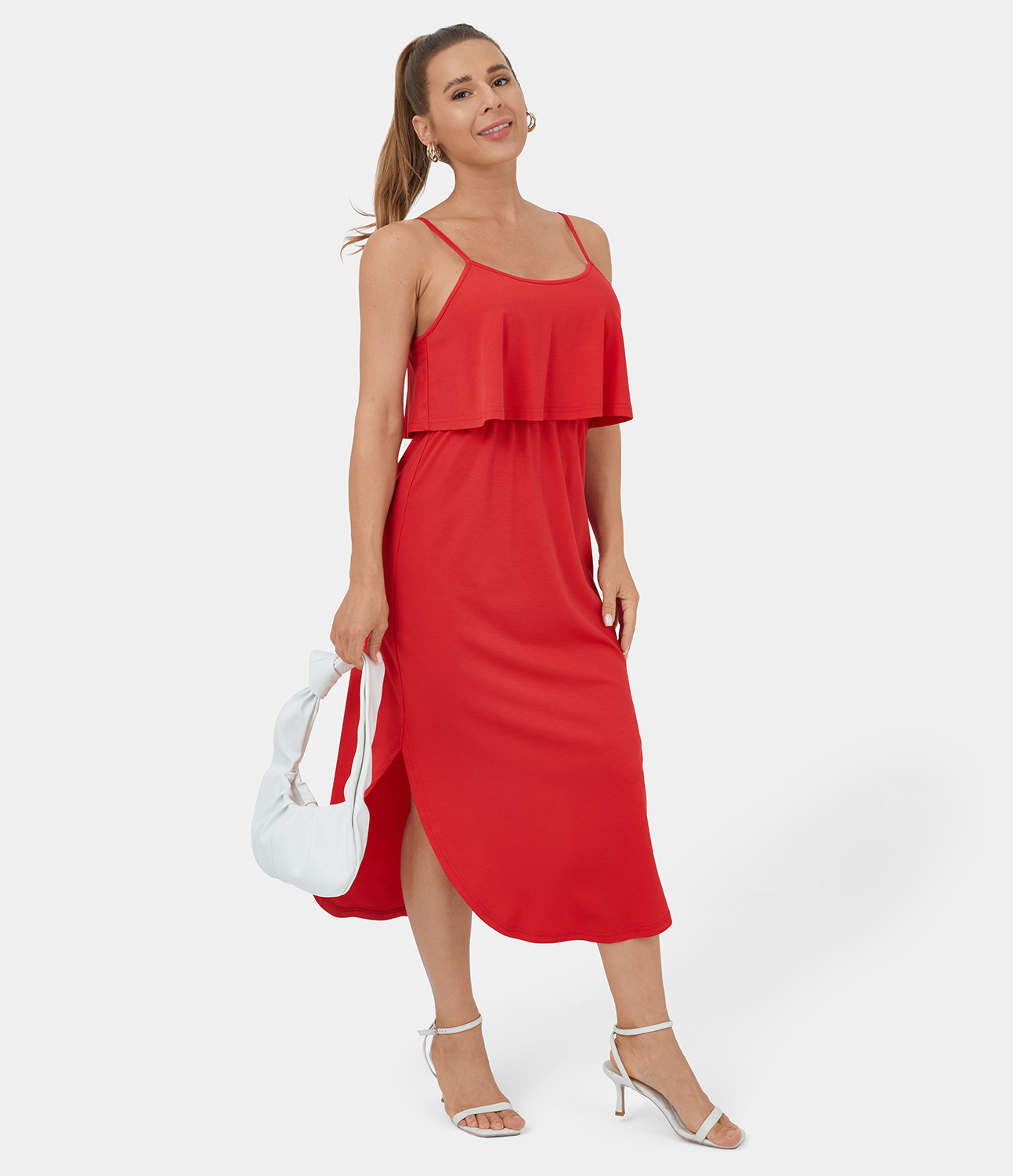 Halara Backless Sleeveless Split Curved Hem Midi Casual Slip Dress Casual Dress - Tomato - S slip dress beach dress ruched dress halter dress 
