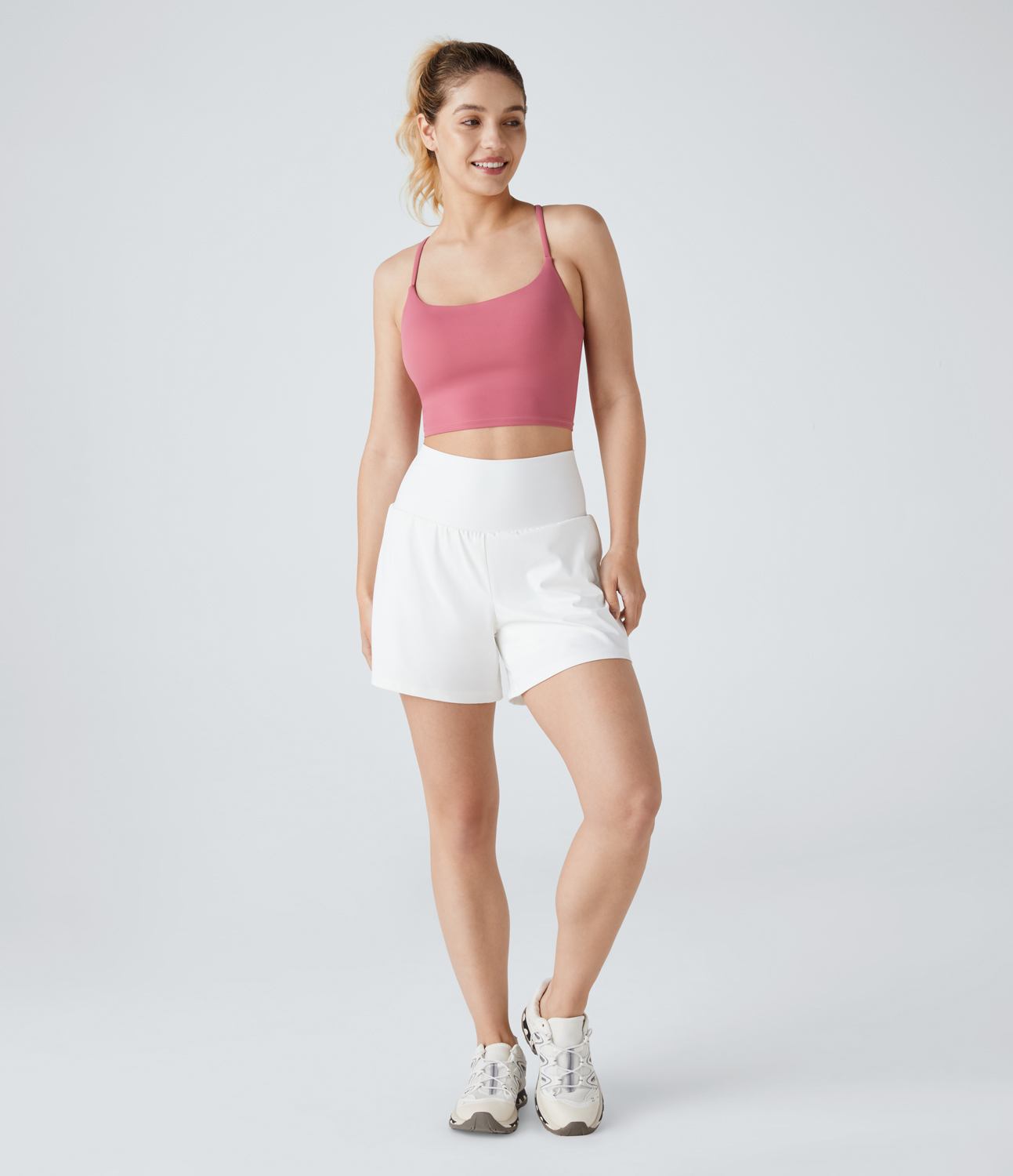 Halara Backless Crisscross Ruched Skinny Yoga Cami Top Tank Top - Flamingo Plume - L golf tops halter top tunic tops sleeveless tops 