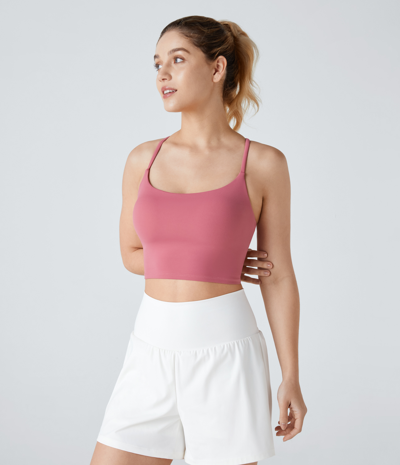 Halara Backless Crisscross Ruched Skinny Yoga Cami Top Tank Top - Flamingo Plume - L golf tops halter top tunic tops sleeveless tops 