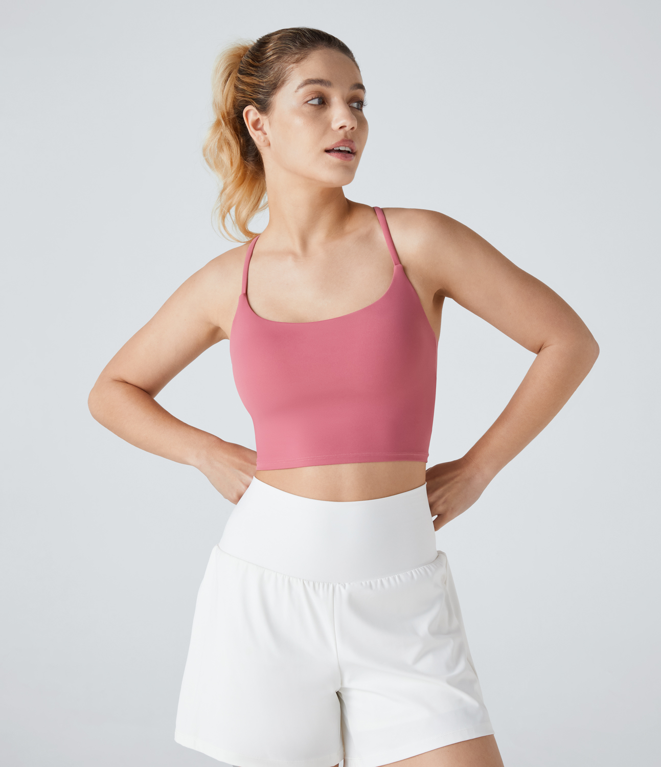 Halara Backless Crisscross Ruched Skinny Yoga Cami Top Tank Top - Flamingo Plume - L golf tops halter top tunic tops sleeveless tops 