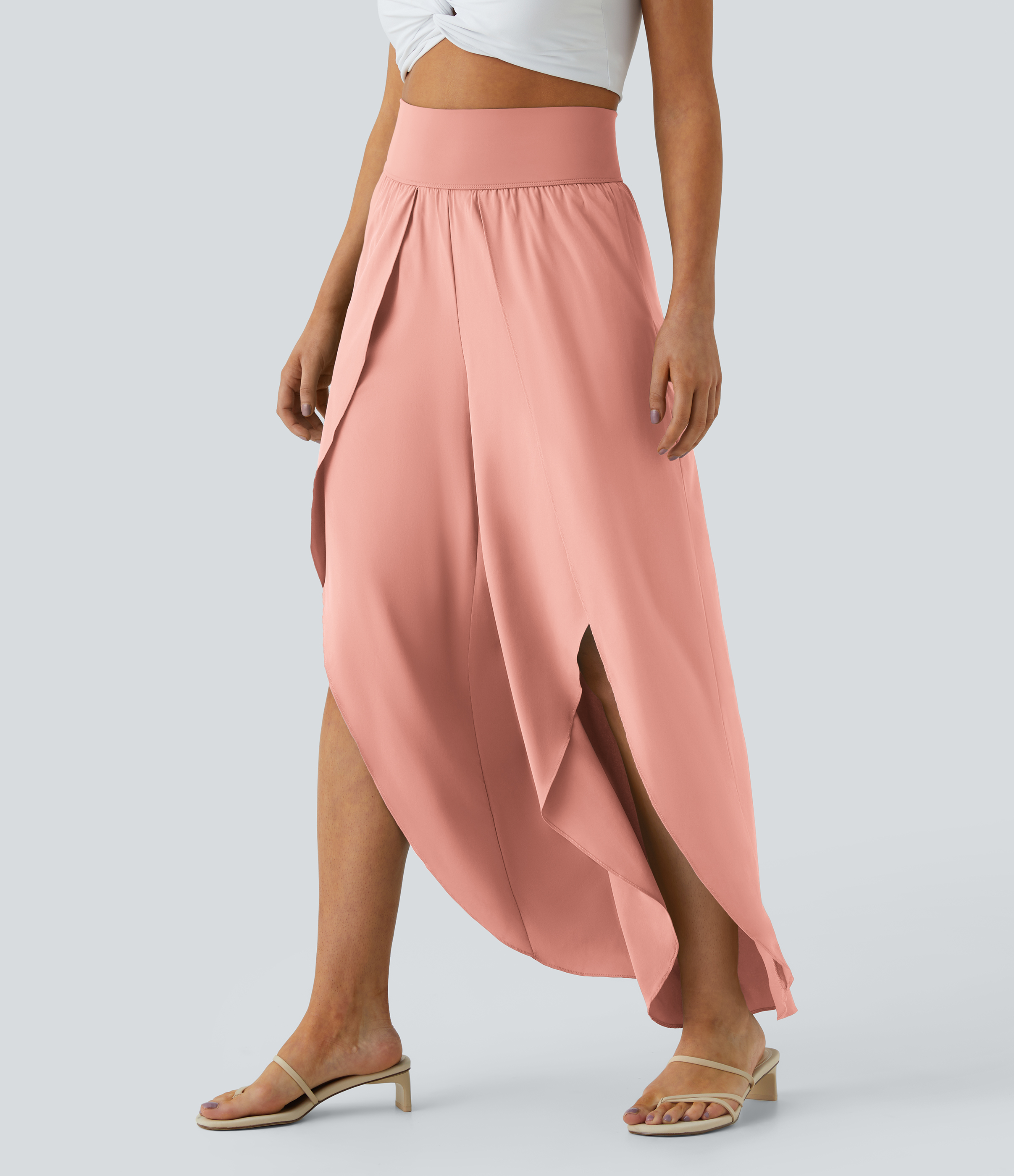 Halara Breezefulв„ў High Waisted Back Waistband Pocket Palazzo Flowy Split Wide Leg Quick Dry Casual Pants  - Peach Melba - S(regular) 