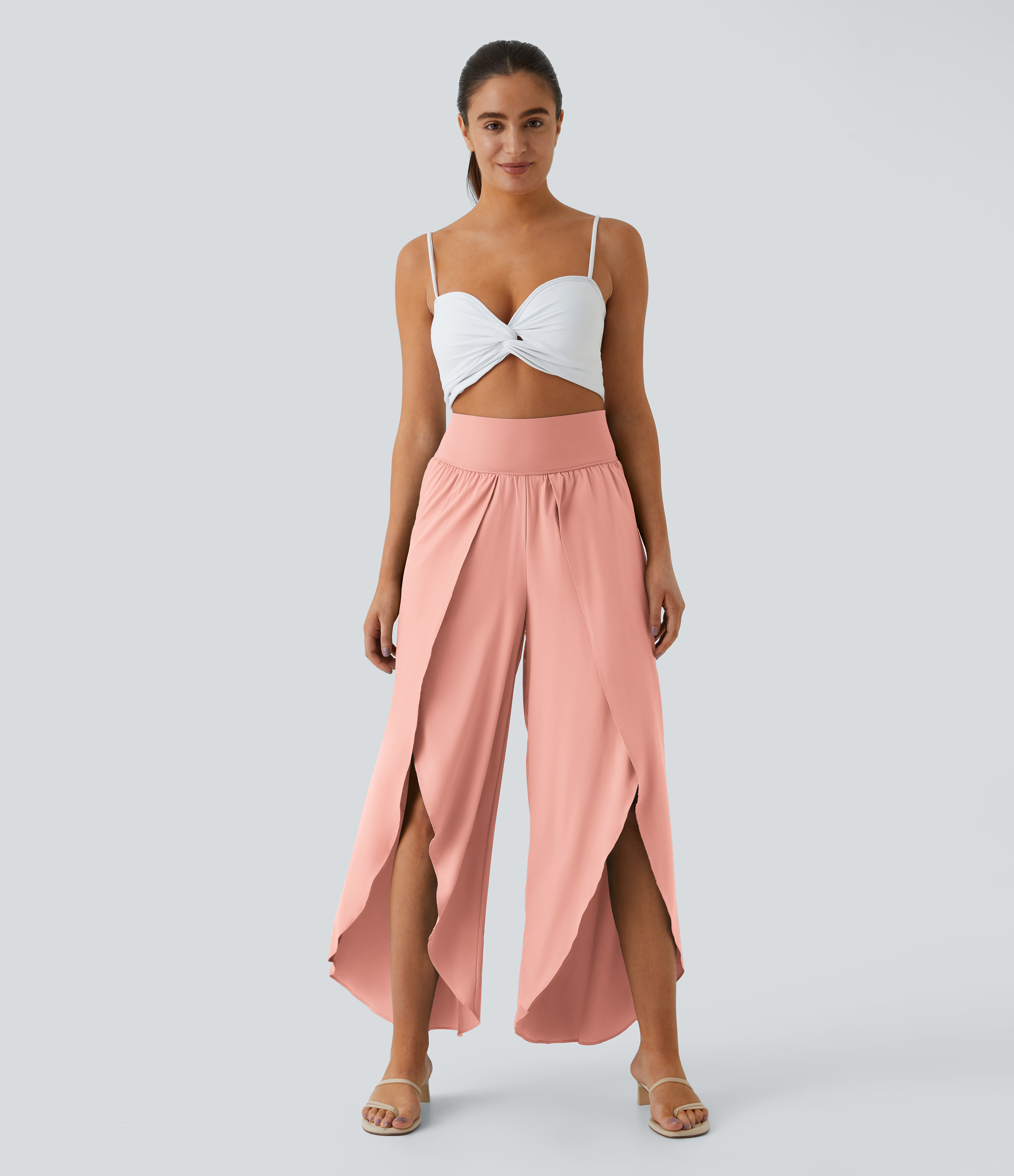 Halara Breezefulв„ў High Waisted Back Waistband Pocket Palazzo Flowy Split Wide Leg Quick Dry Casual Pants  - Peach Melba - S(regular) 