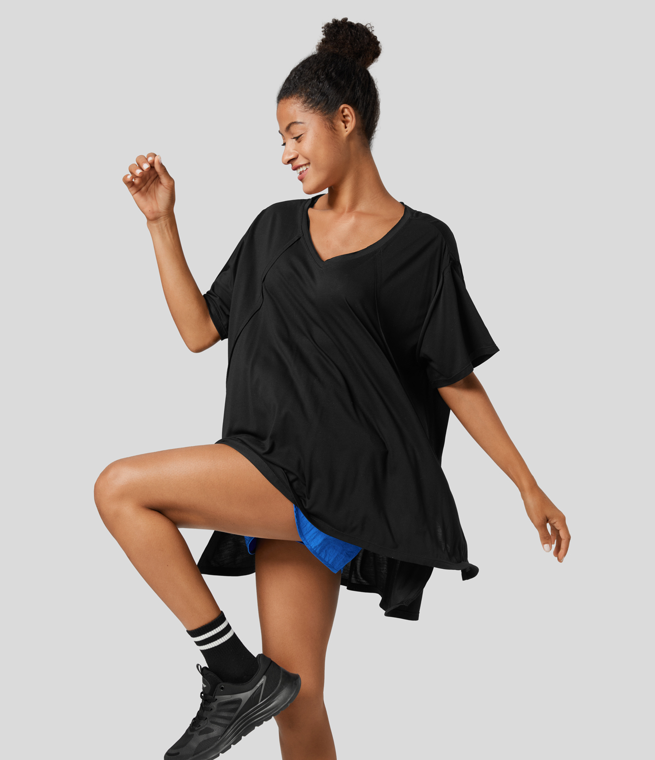 Halara V Neck Split Hem High Low Oversize Yoga Sports Top  - Black - M 